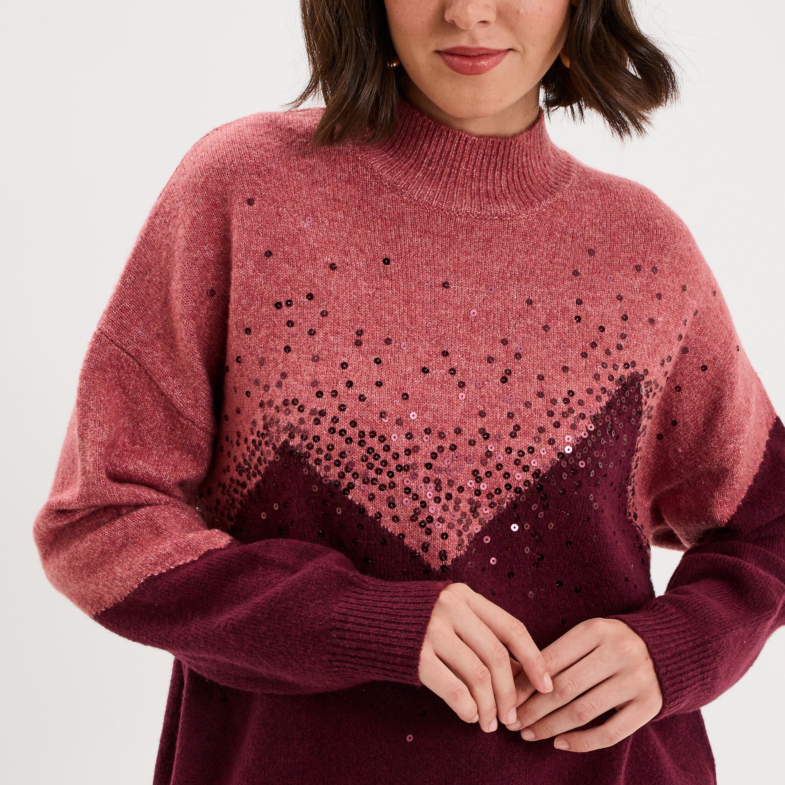 Pull col montant &agrave; sequins oversize bordeaux femme
