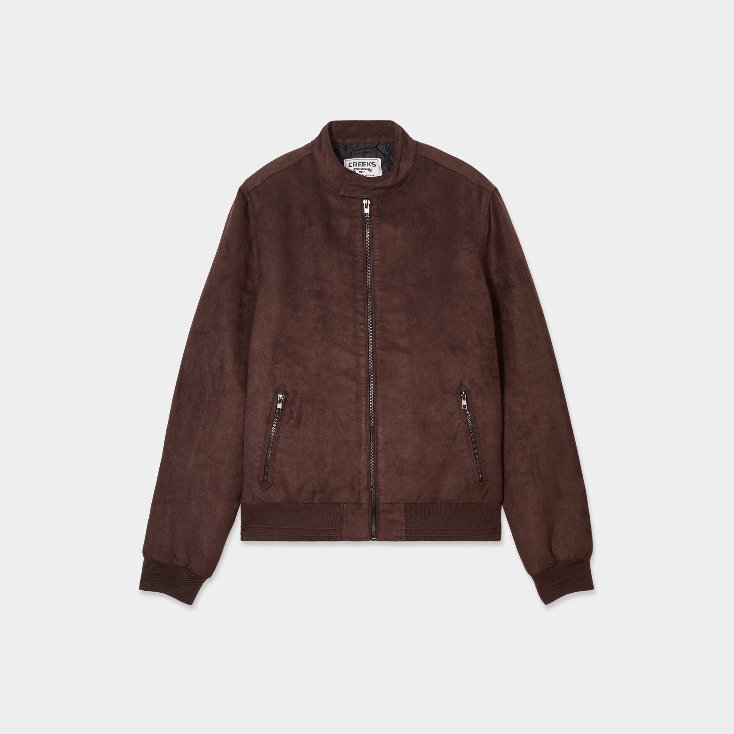 Blouson col biker en su&eacute;dine zipp&eacute; marron fonc&eacute; homme