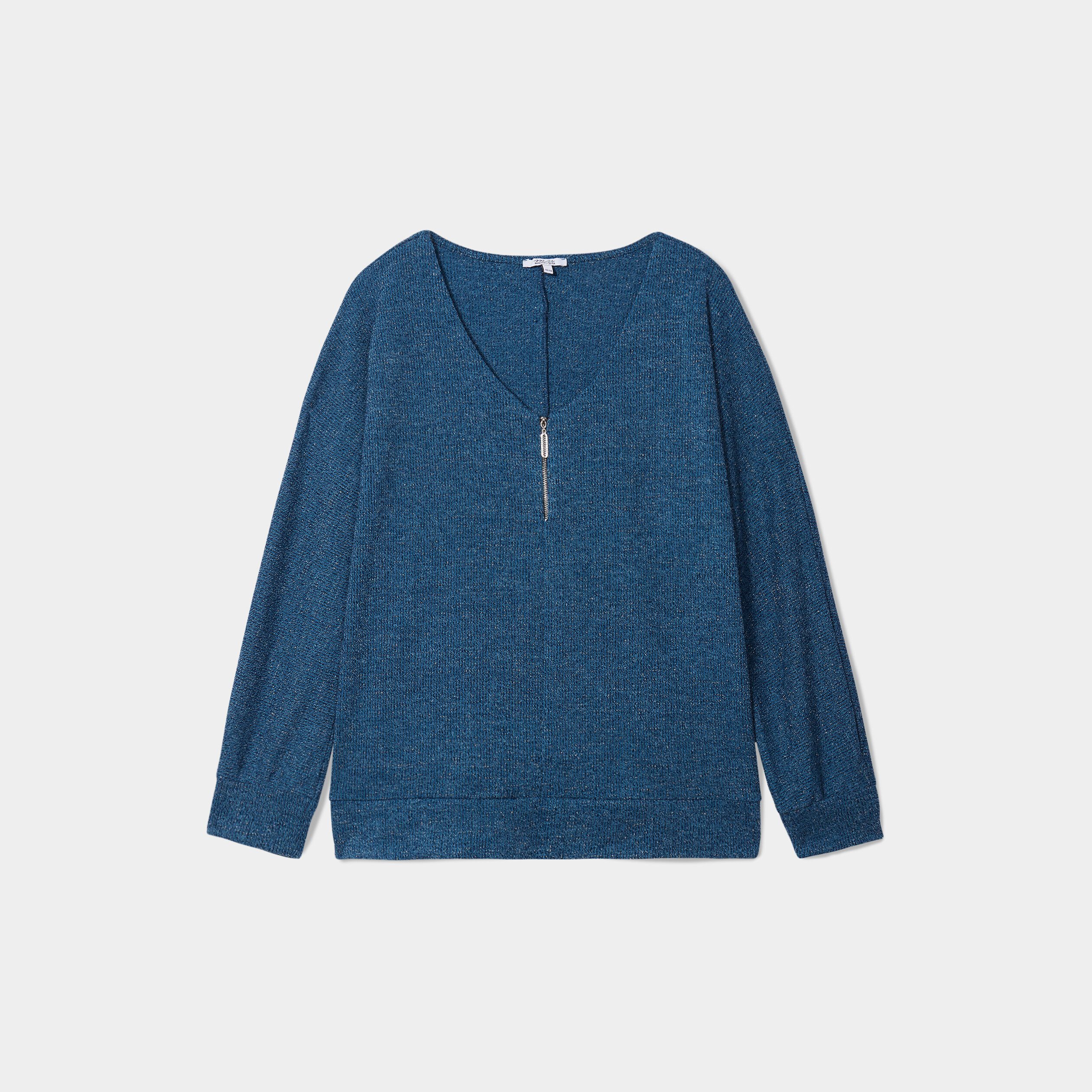 pull col en v detail zippe bleu canard femmegt Pull col en V détail zippé bleu canard femme grande taille