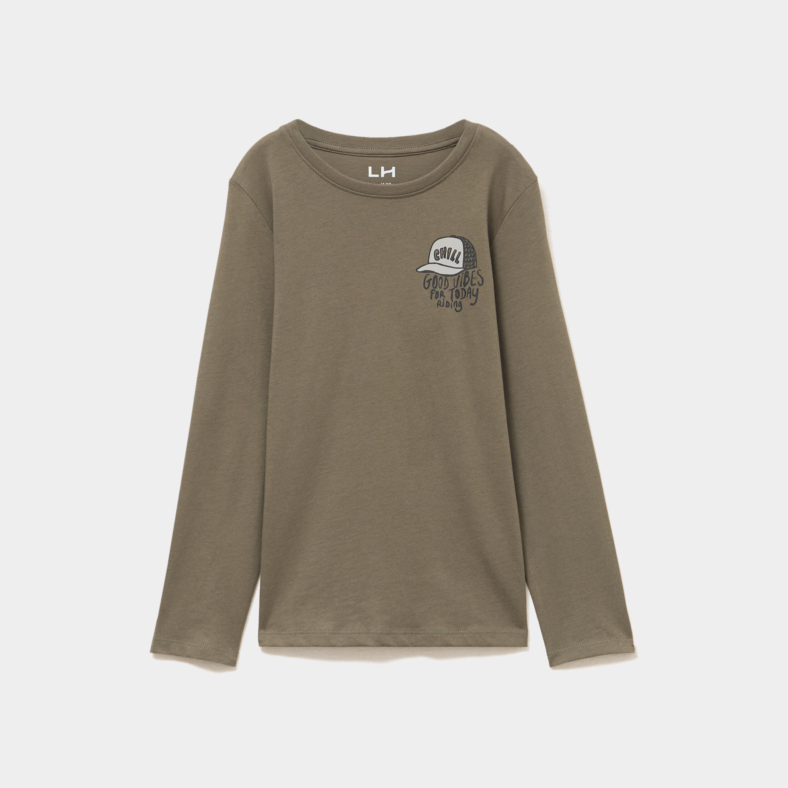 T-shirt col rond manches longues coton vert kaki gar&ccedil;on