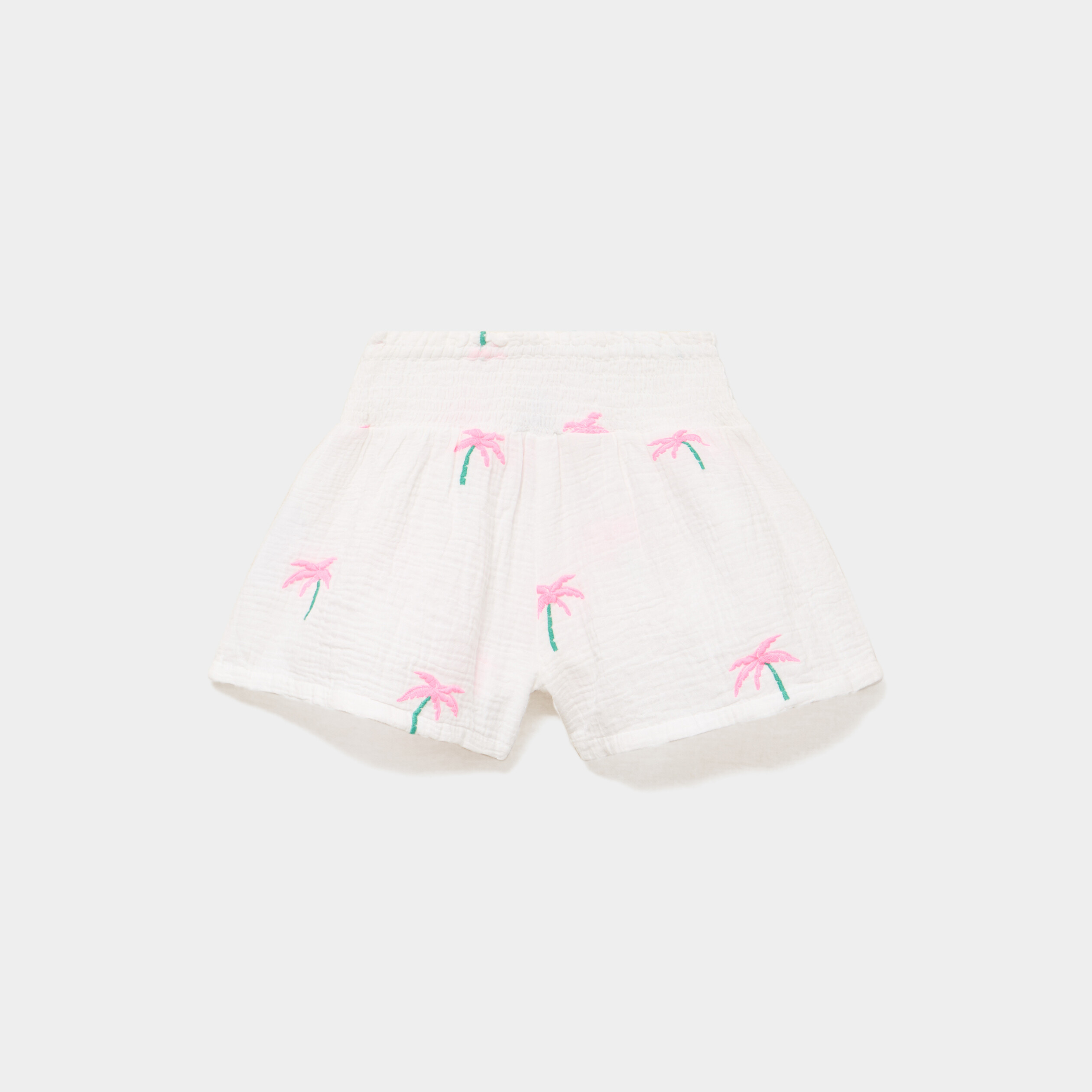 Short brod&eacute; taille smock&eacute;e gaze de coton ecru fille