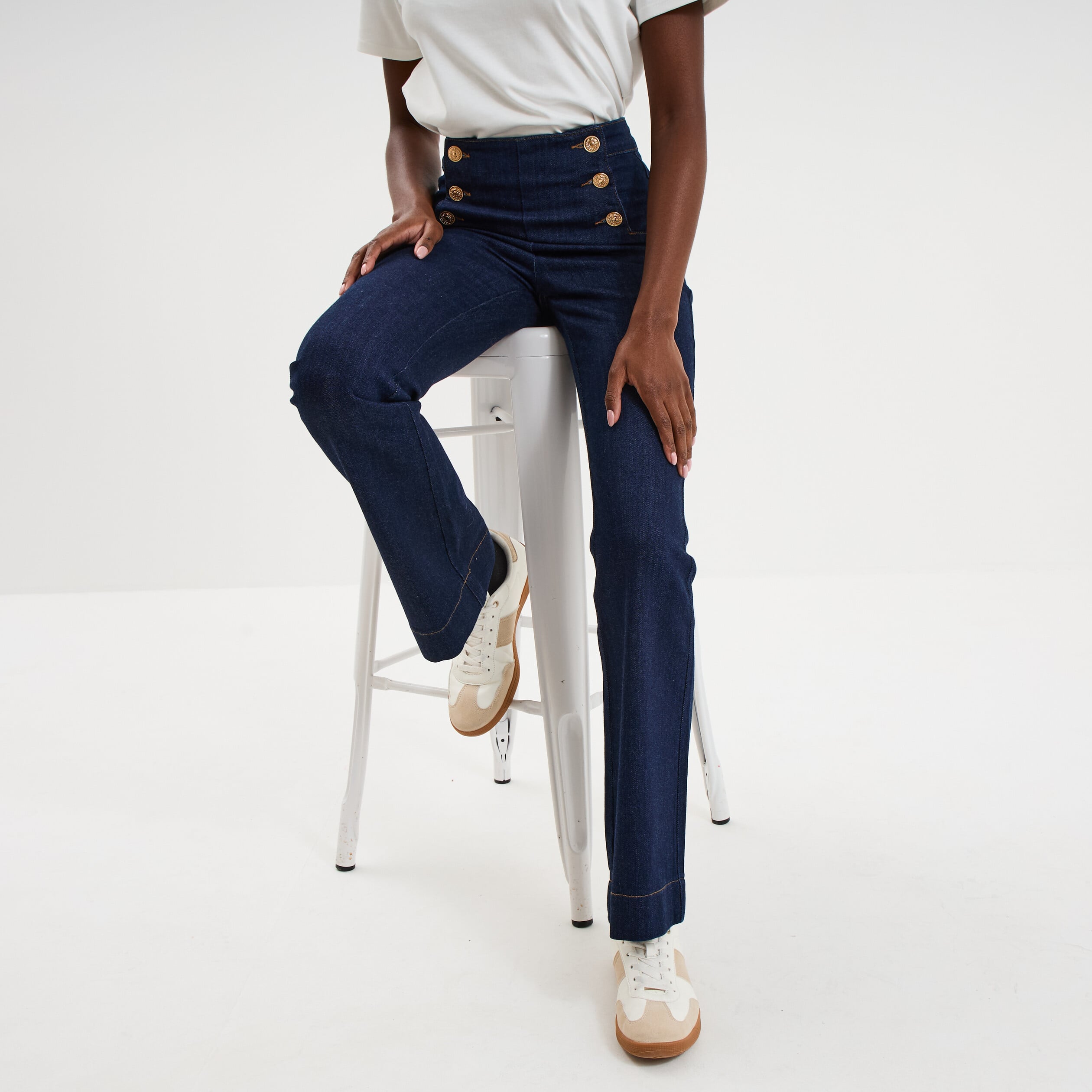 Jean flare &agrave; pont denim brut femme