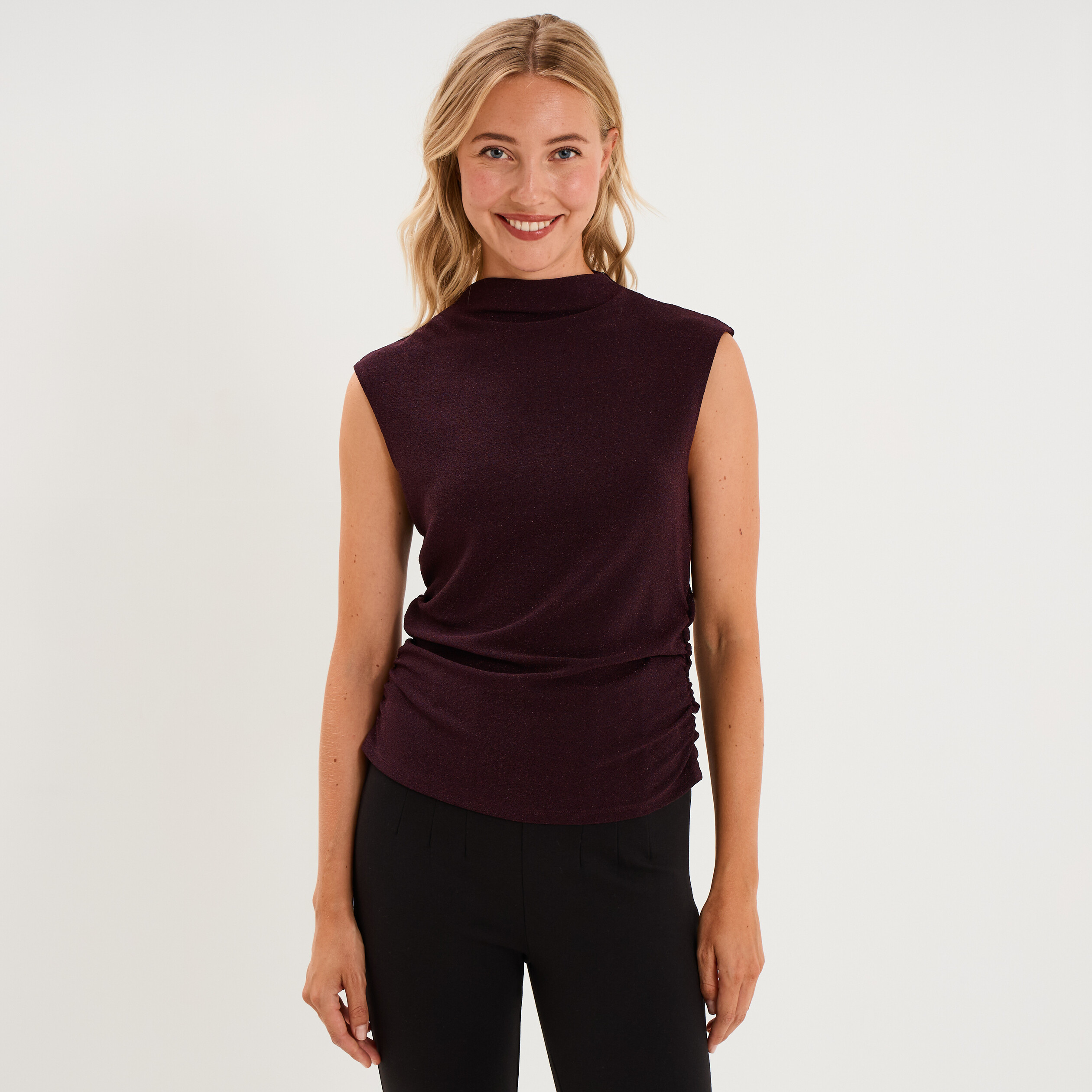 D&eacute;bardeur fronces et paillettes prune femme