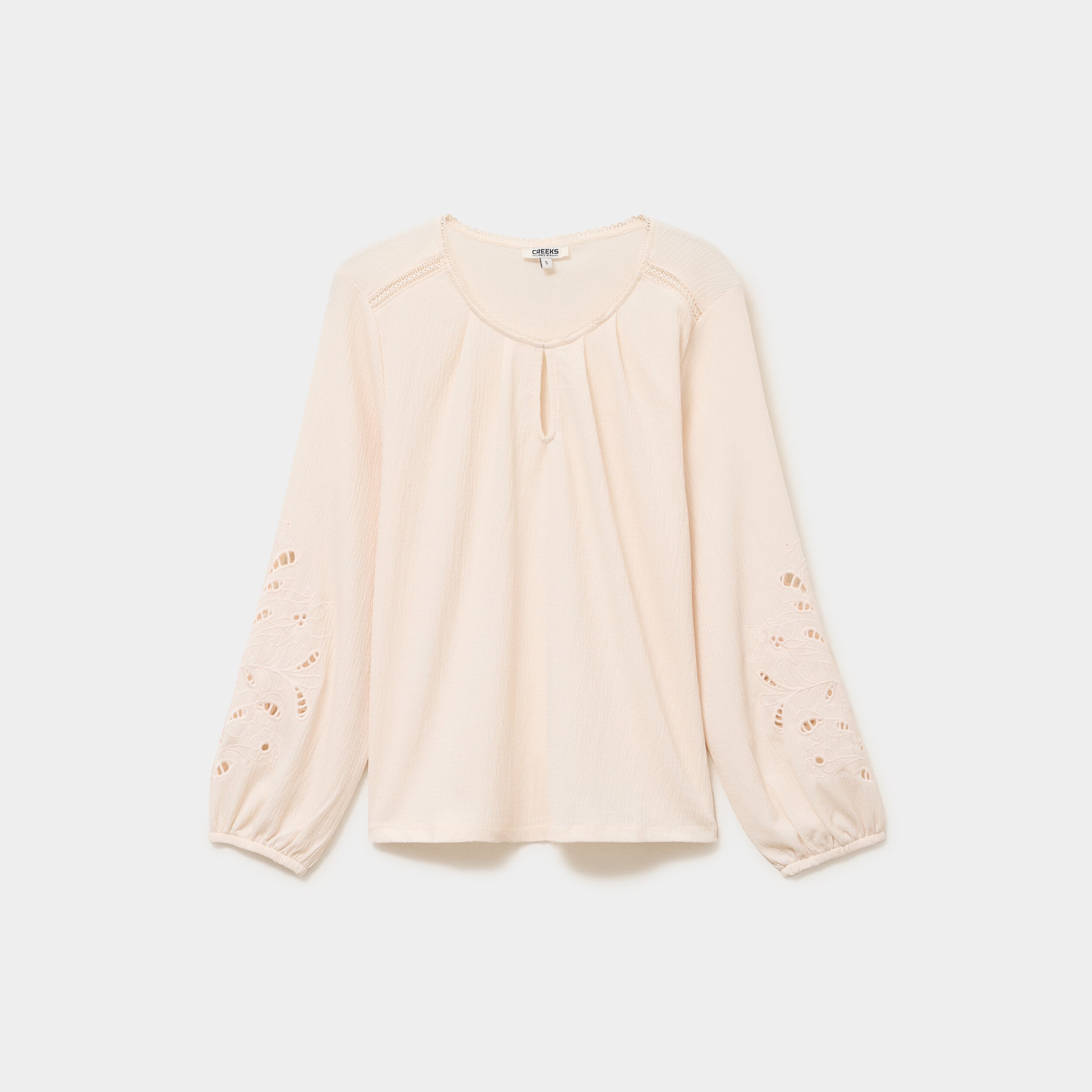 Blouse manches brod&eacute;es ajour&eacute;es coton beige femme