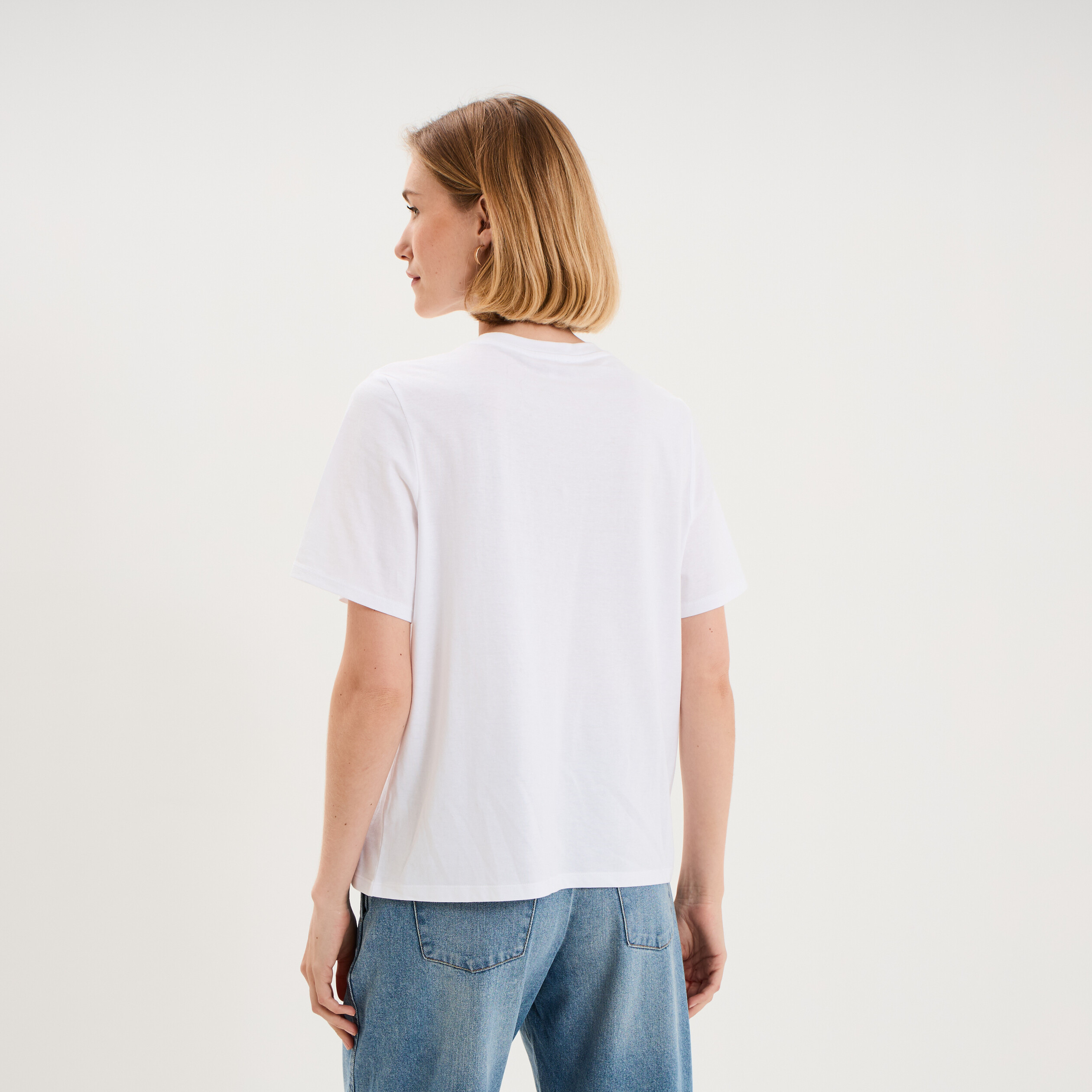 T-shirt col rond manches courtes print blanc femme