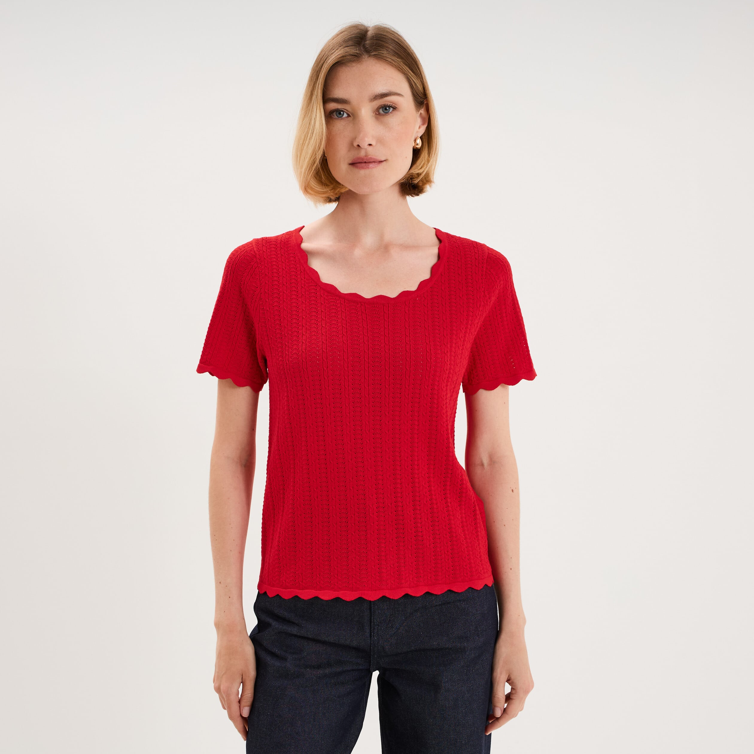 Pull ajour&eacute; col rond manches courtes rouge femme