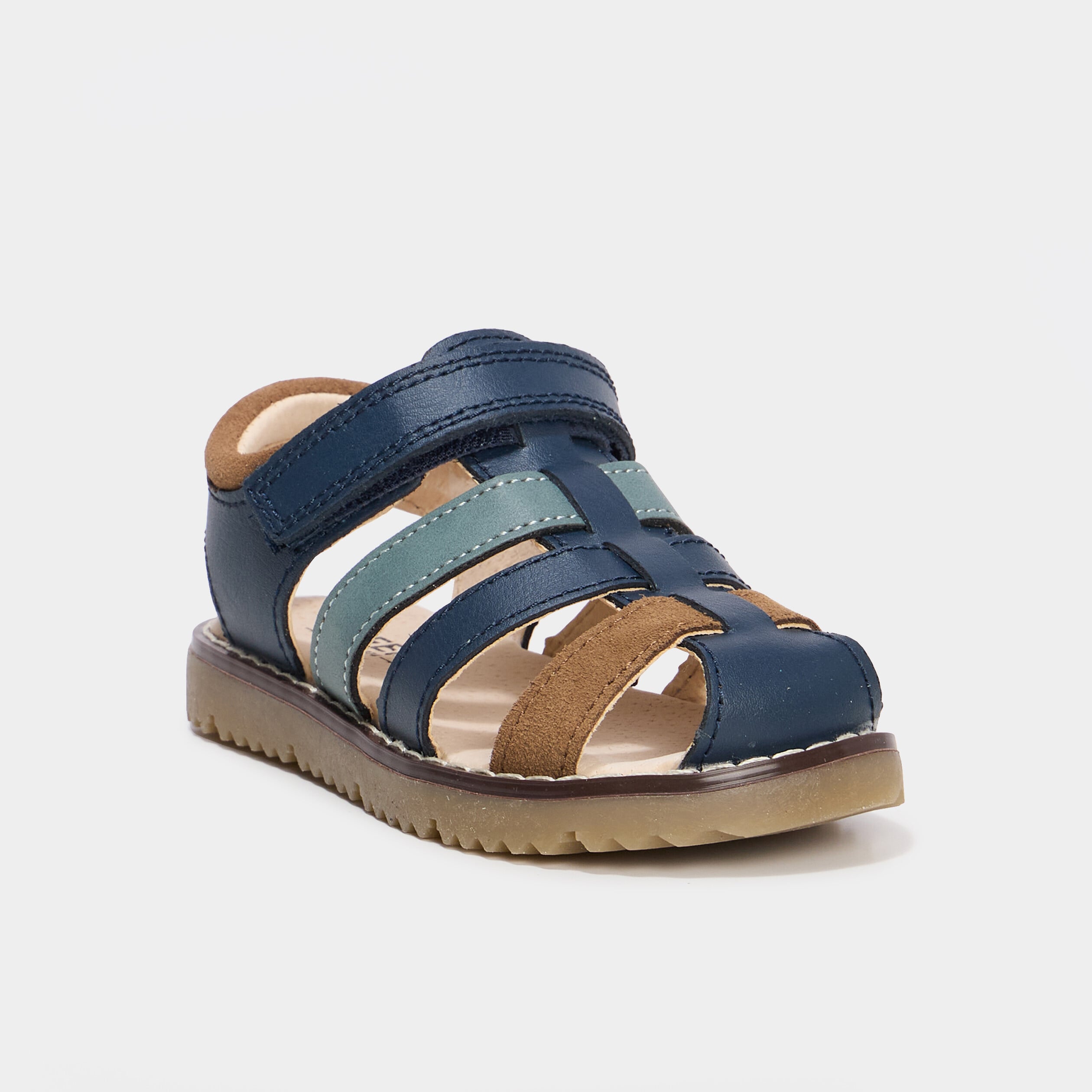 Sandales &agrave; scratchs en cuir bleu marine gar&ccedil;on