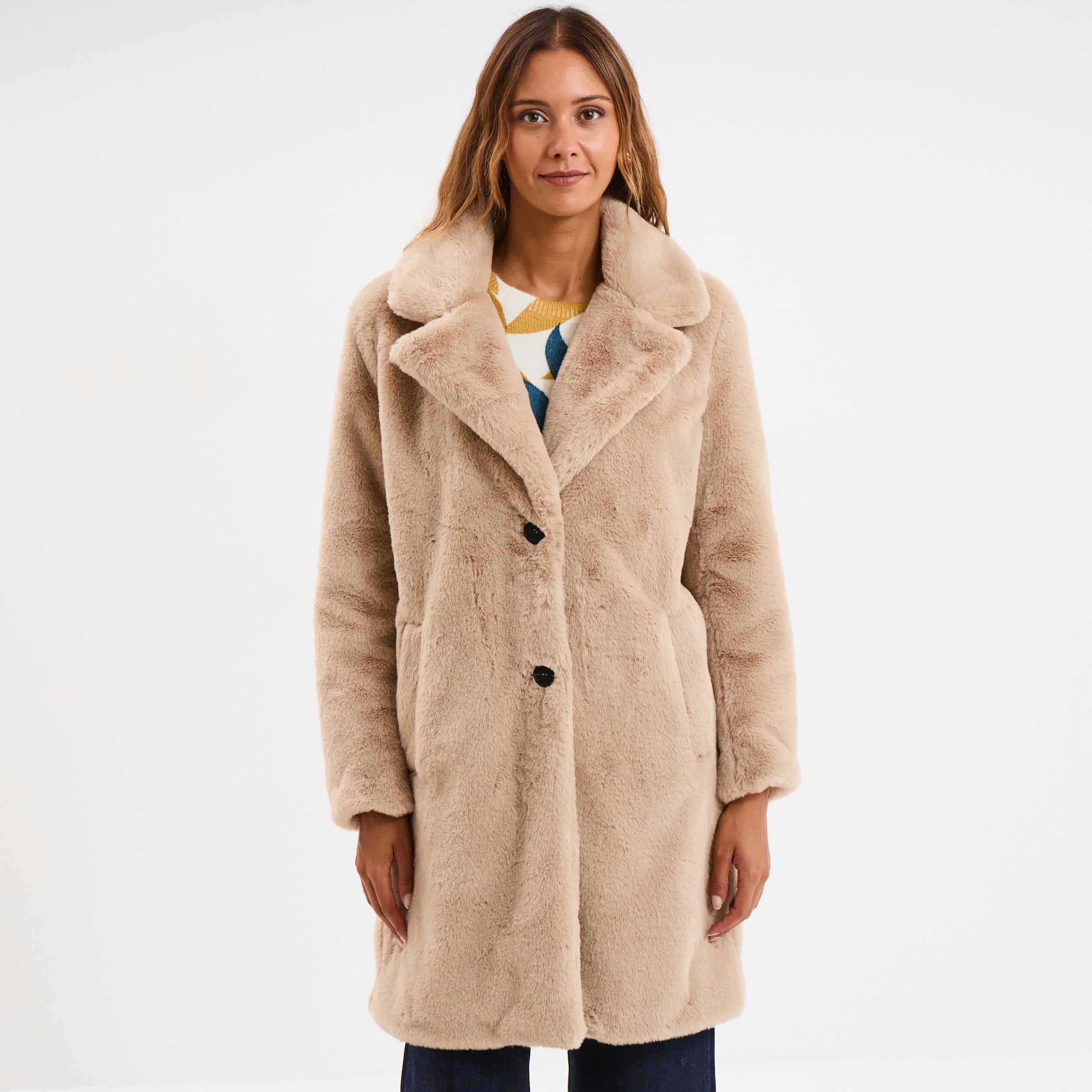 Manteau long fausse fourrure beige femme