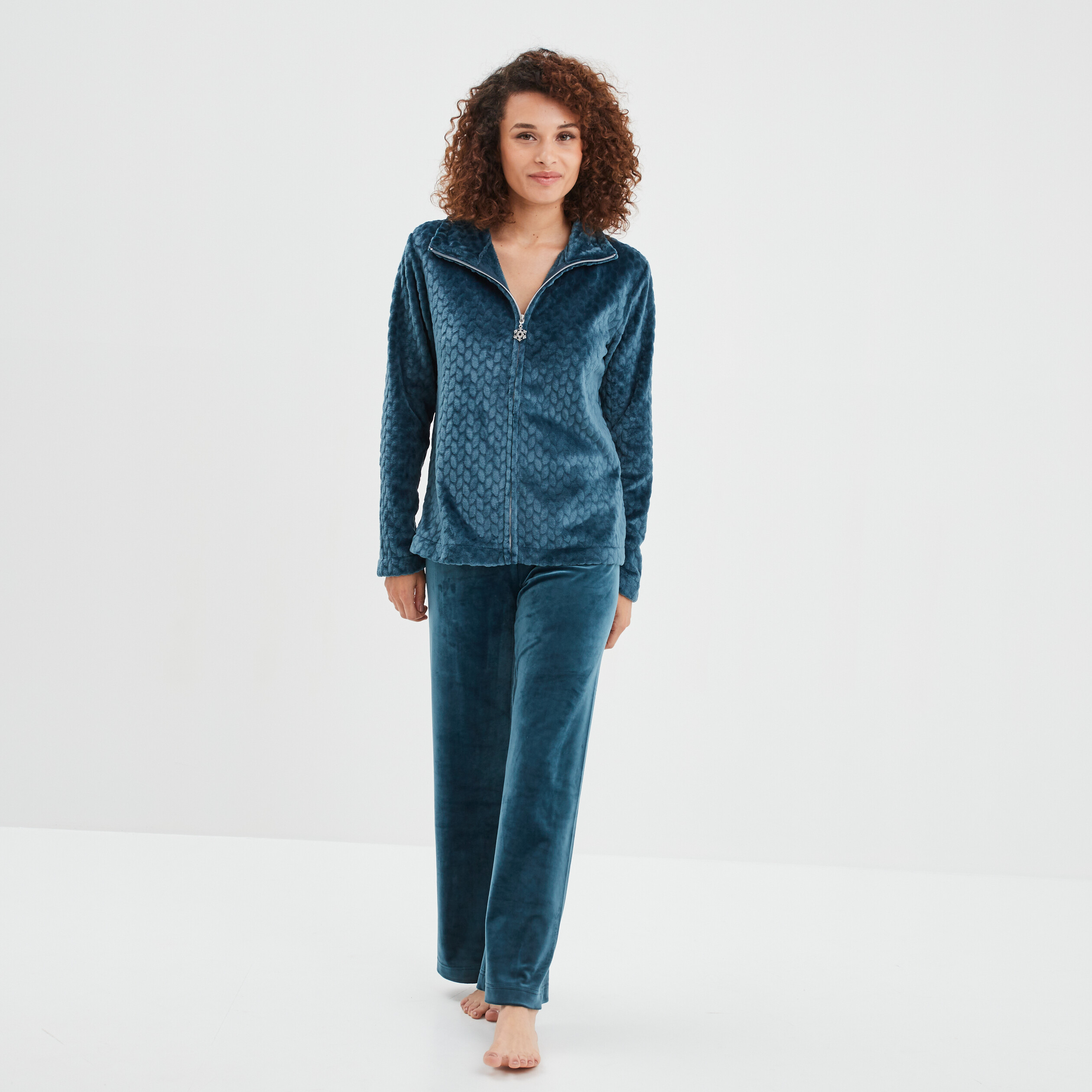 Veste pyjama pilou zippée col montant bleu canard femme