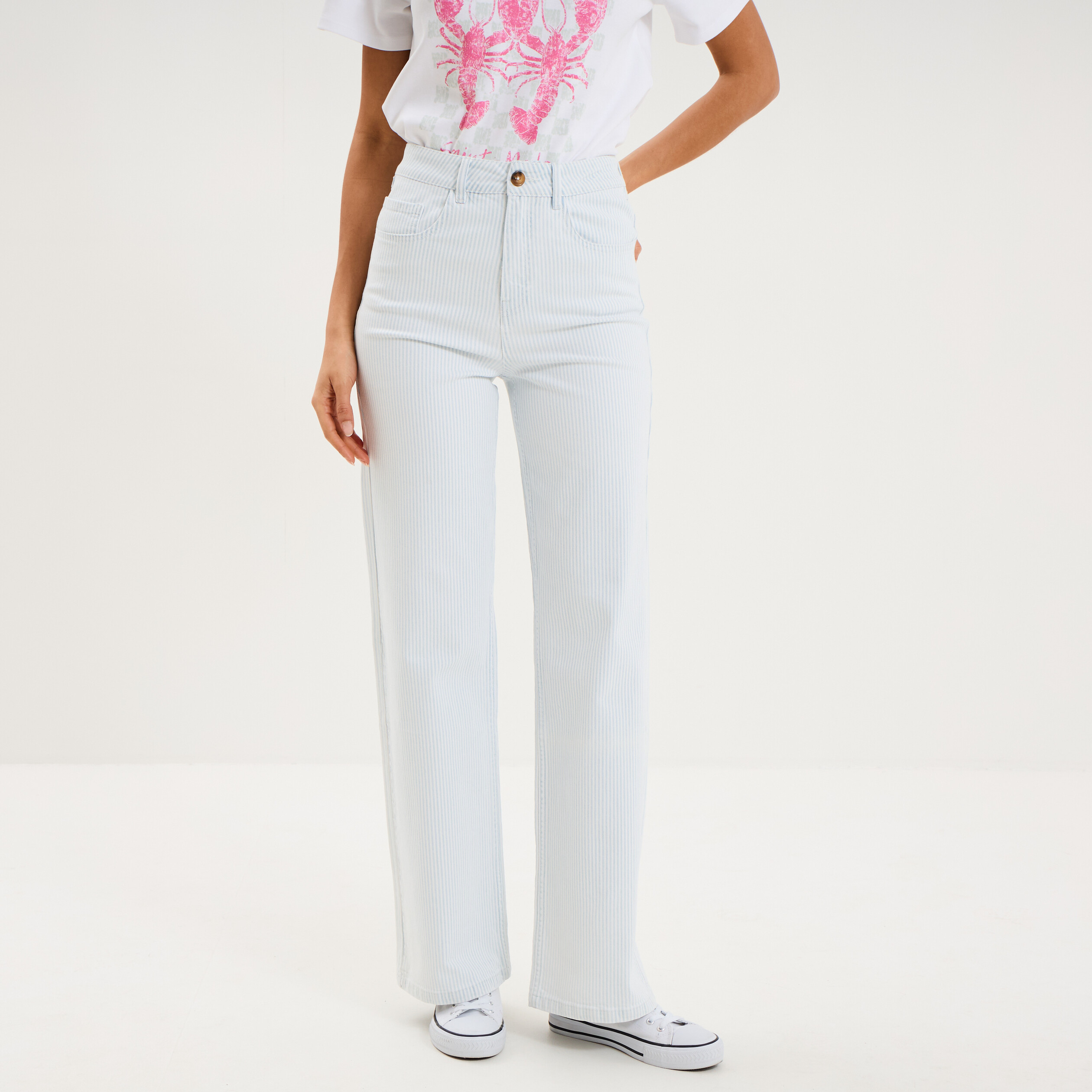 Jean droit taille haute coton blanc femme
