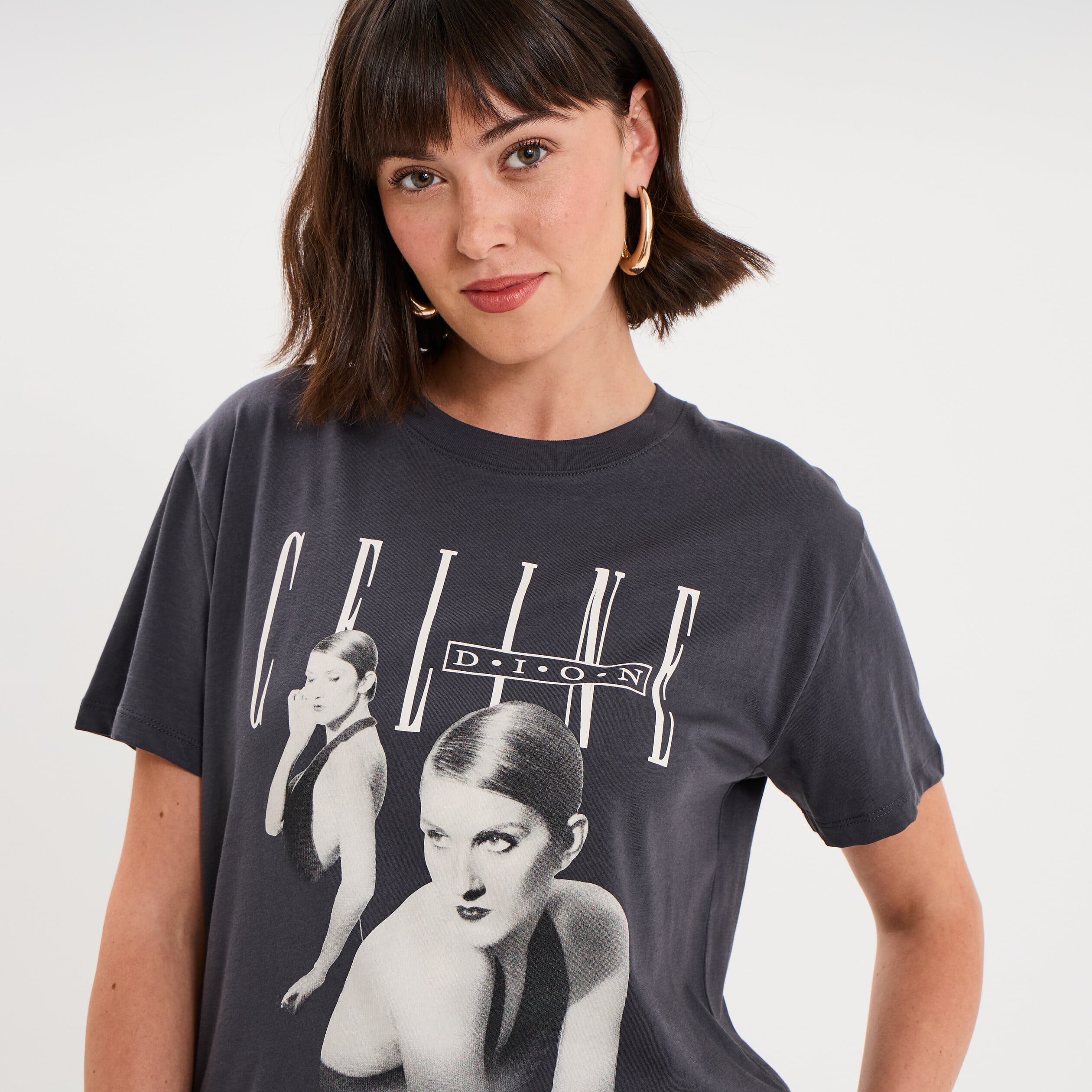 T-shirt droit coton C&eacute;line Dion gris fonc&eacute; femme