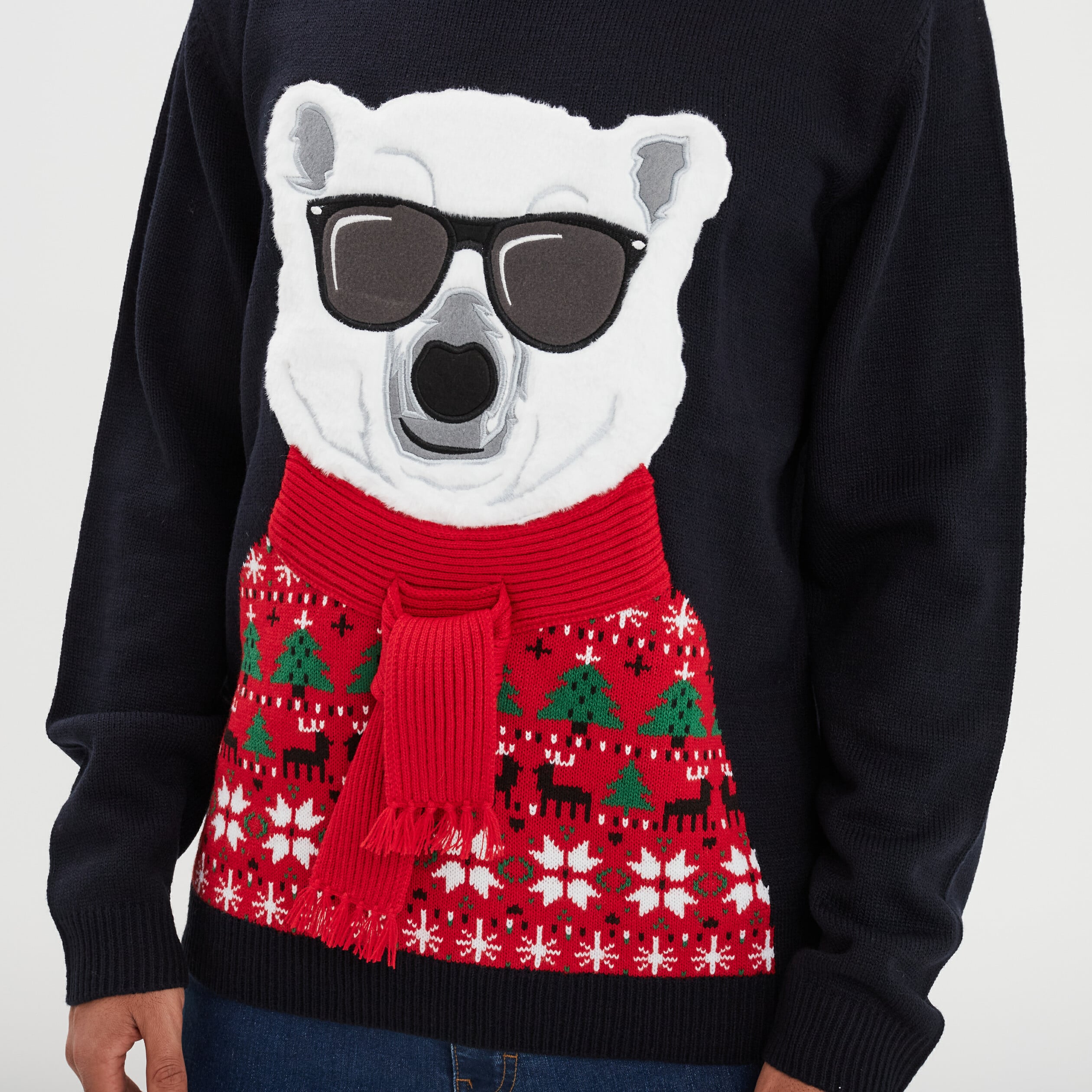 Pull No&euml;l manches longues col rond bleu fonc&eacute; homme
