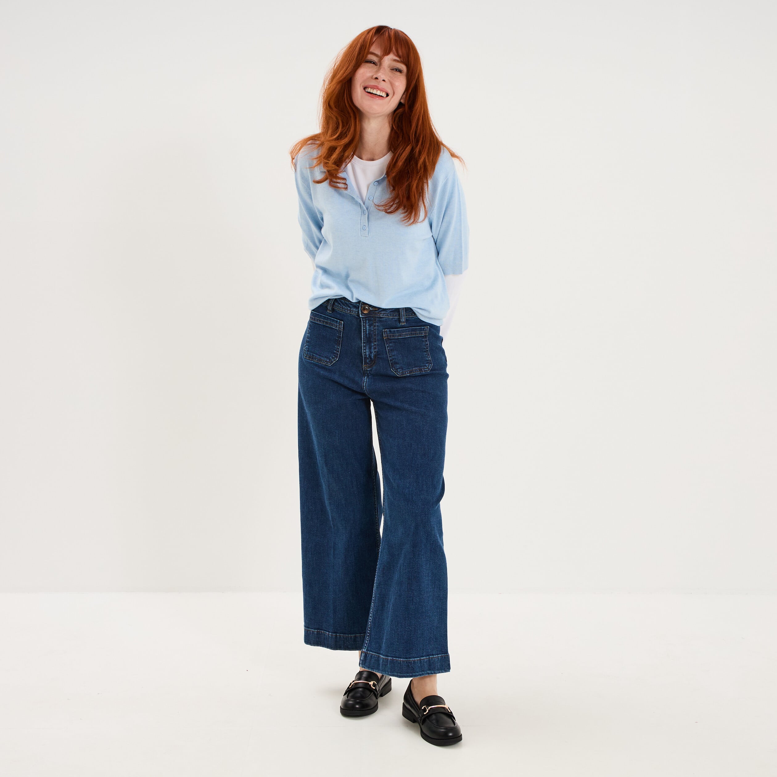 Pull col polo manches courtes bleu femme