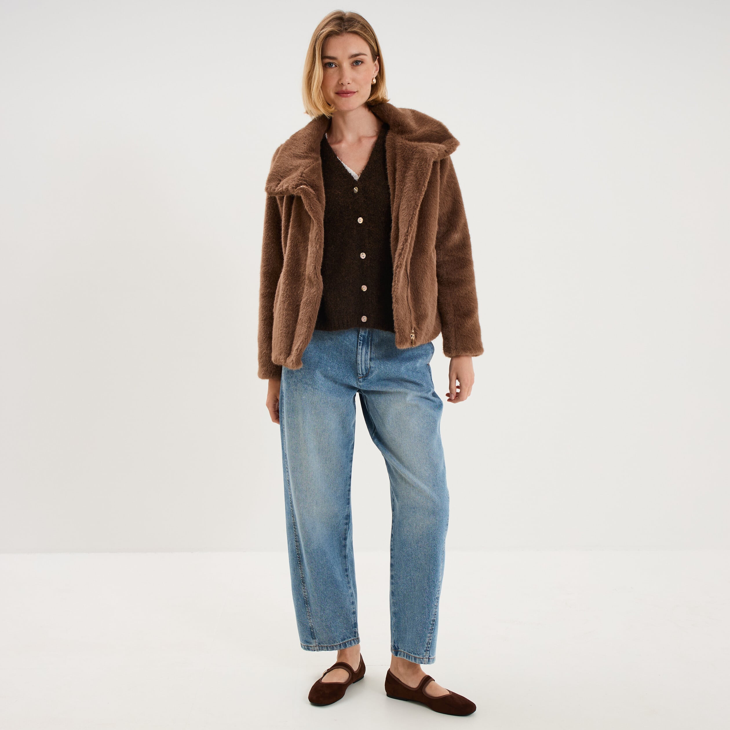 Veste fausse fourrure col montant taupe femme