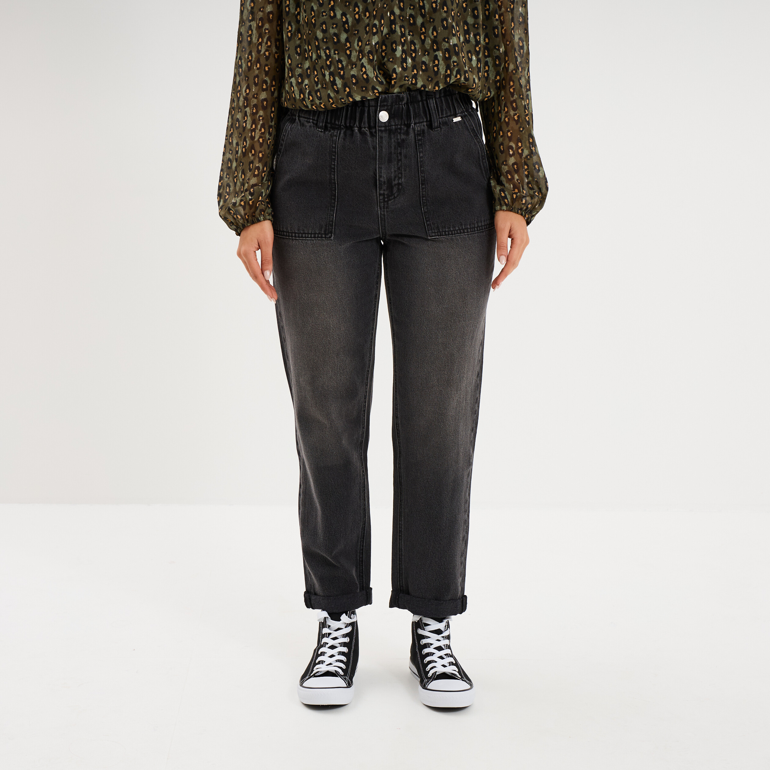 Jean paperbag cropped taille &eacute;lastiqu&eacute;e denim noir femme