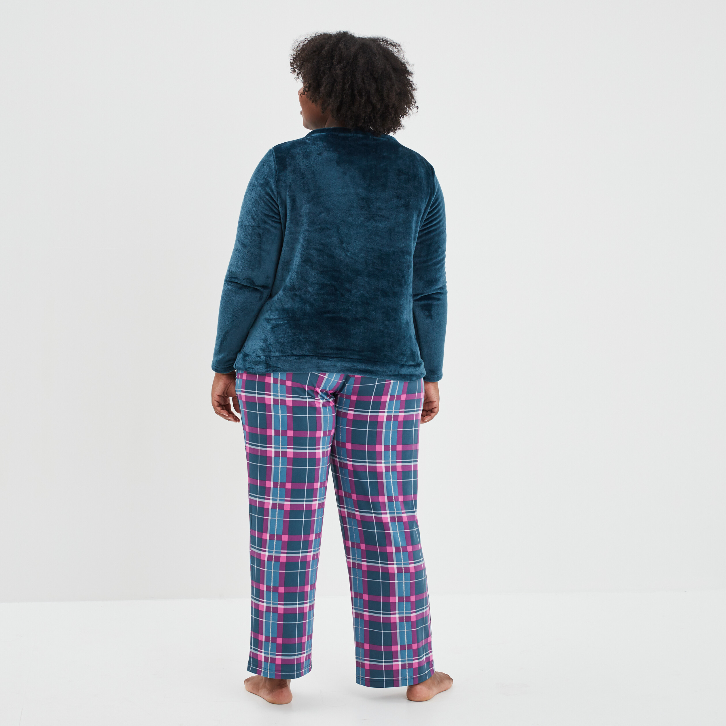 Ensemble pyjama pantalon haut velours bleu canard femme grande taille