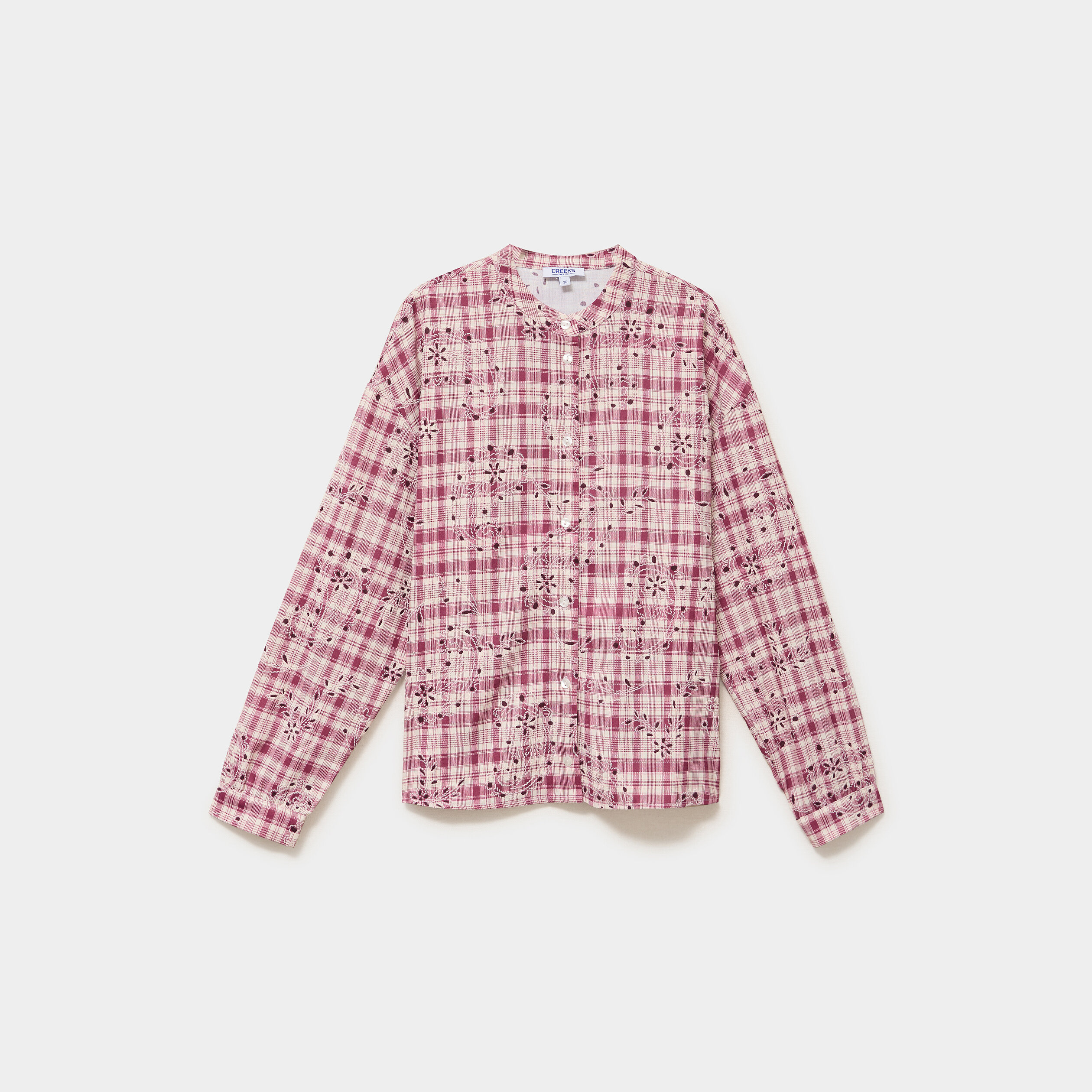 Chemise brod&eacute;e manches longues bordeaux femme