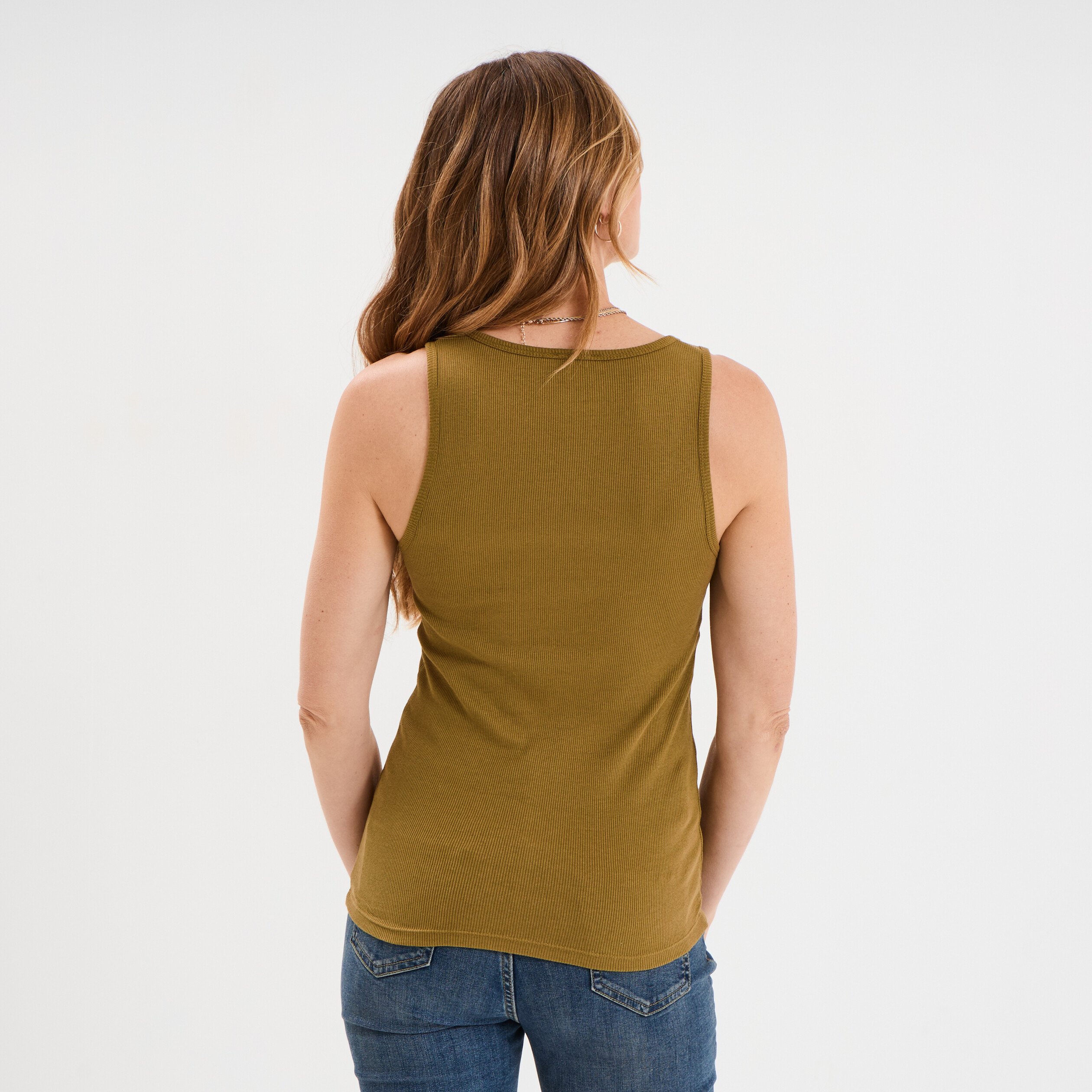 debardeur col rond cotele coton vert kaki femme Débardeur col rond côtelé coton vert kaki femme