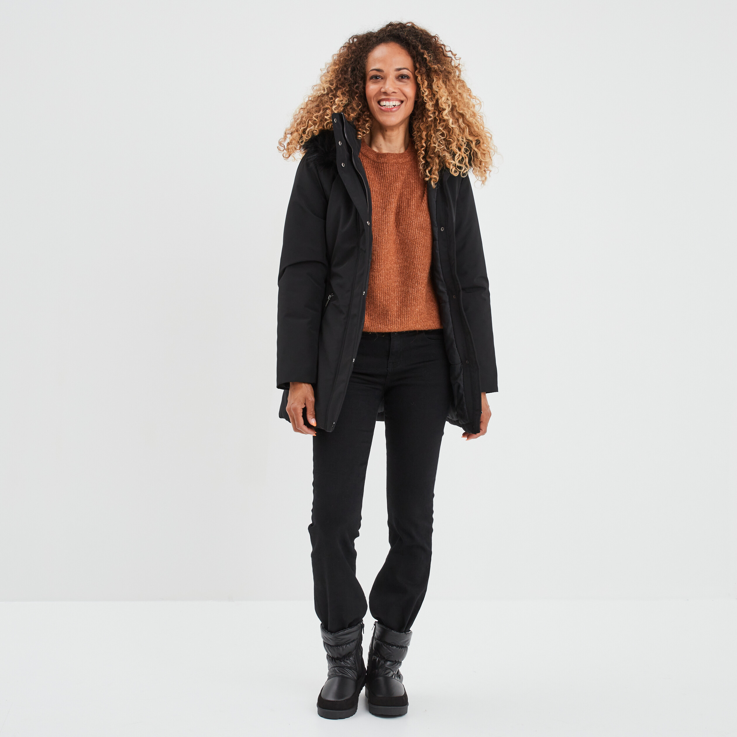 parka mi longue a capuche fourrure noir femme Parka mi-longue à capuche fourrure noir femme