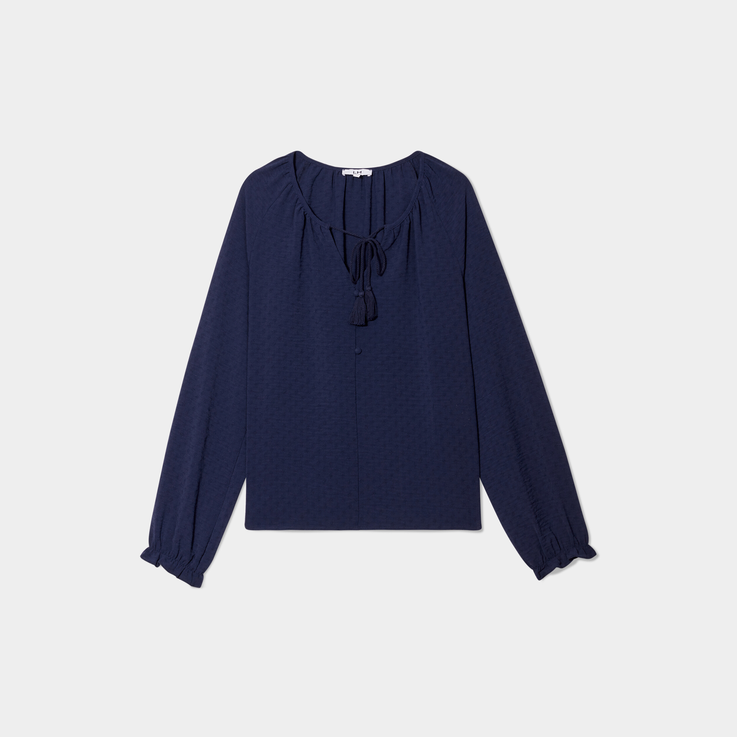 blouse col v avec cordons a pampilles bleu marine femme Blouse col v avec cordons à pampilles bleu marine femme