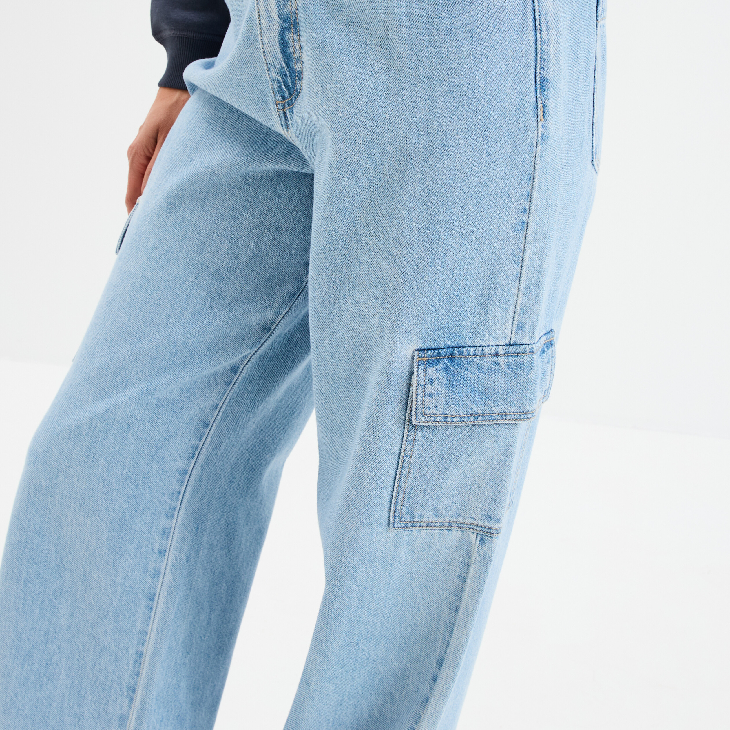 Jeans cargo large coton denim triple stone femme