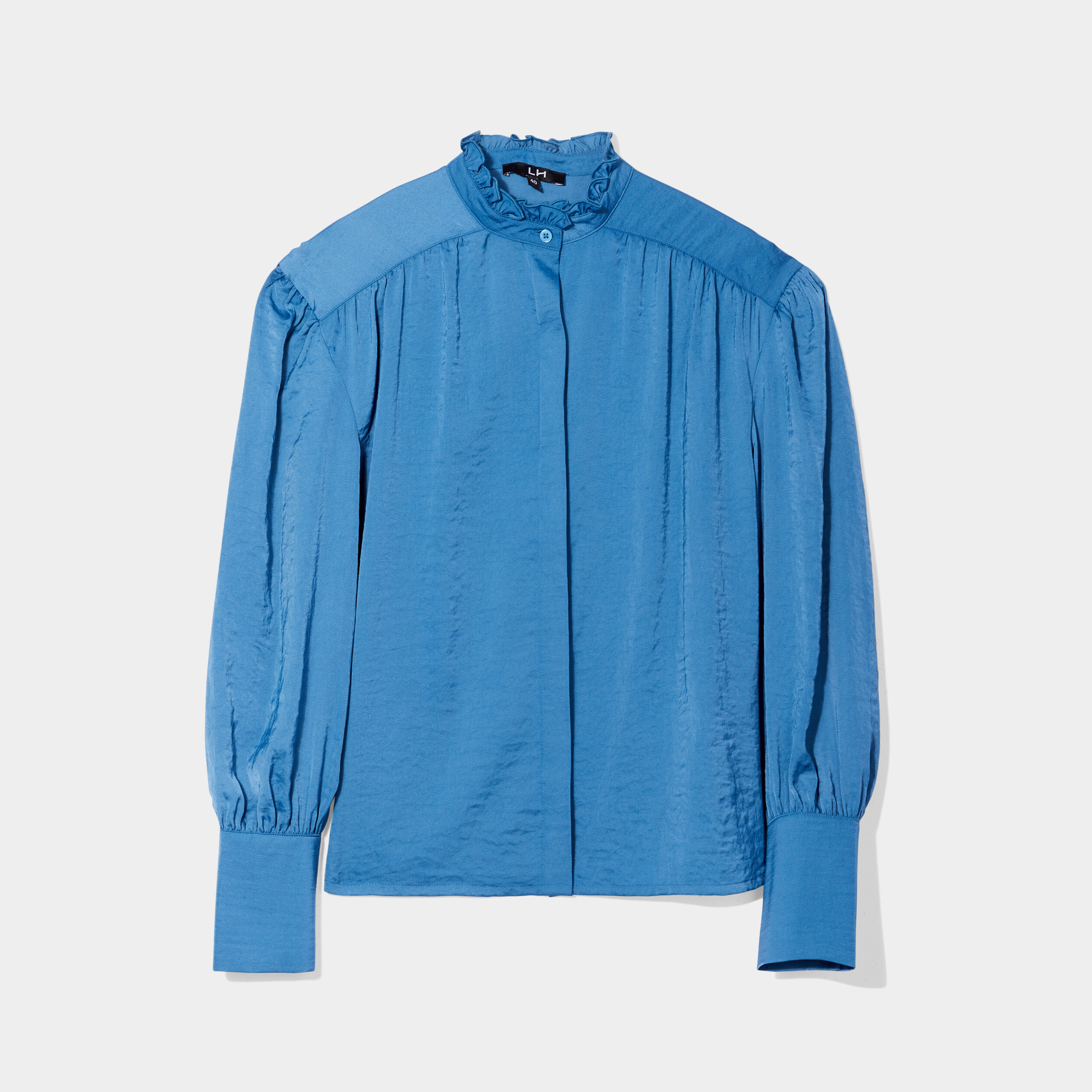 Blouse col montant manches bouffantes bleu femme