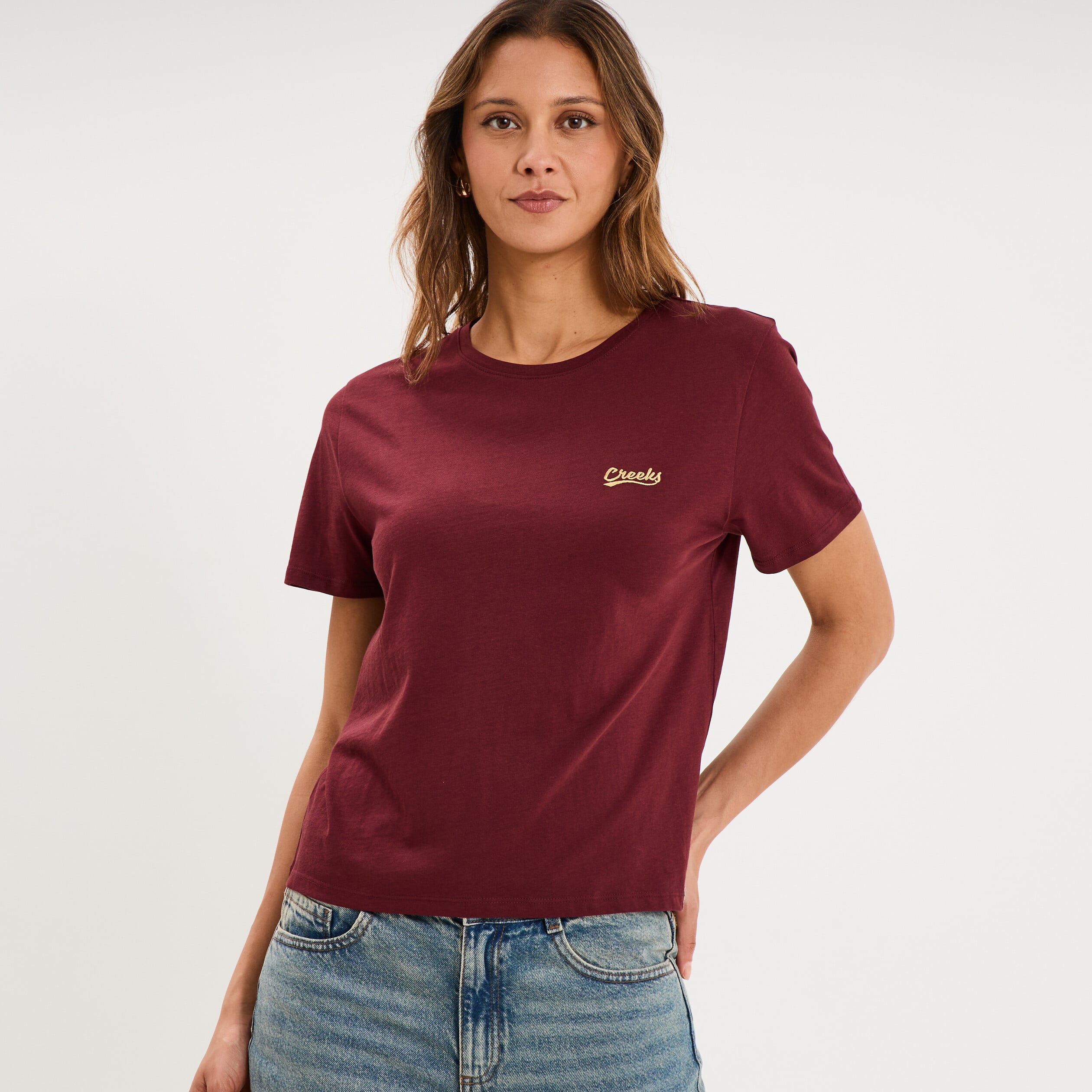 T-shirt col rond manches courtes violet fonc&eacute; femme
