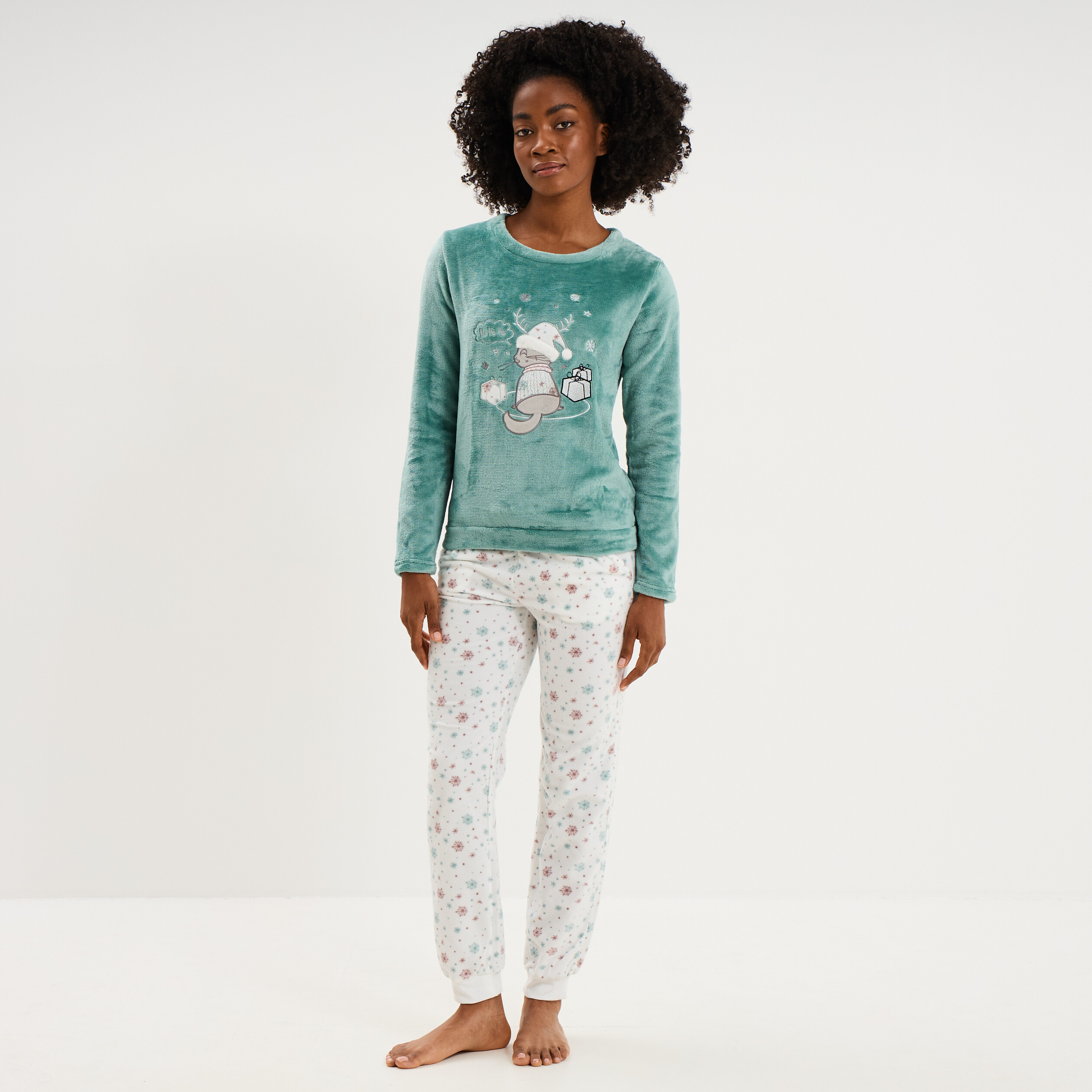 Ensemble pyjama pantalon effet velours bleu gris femme