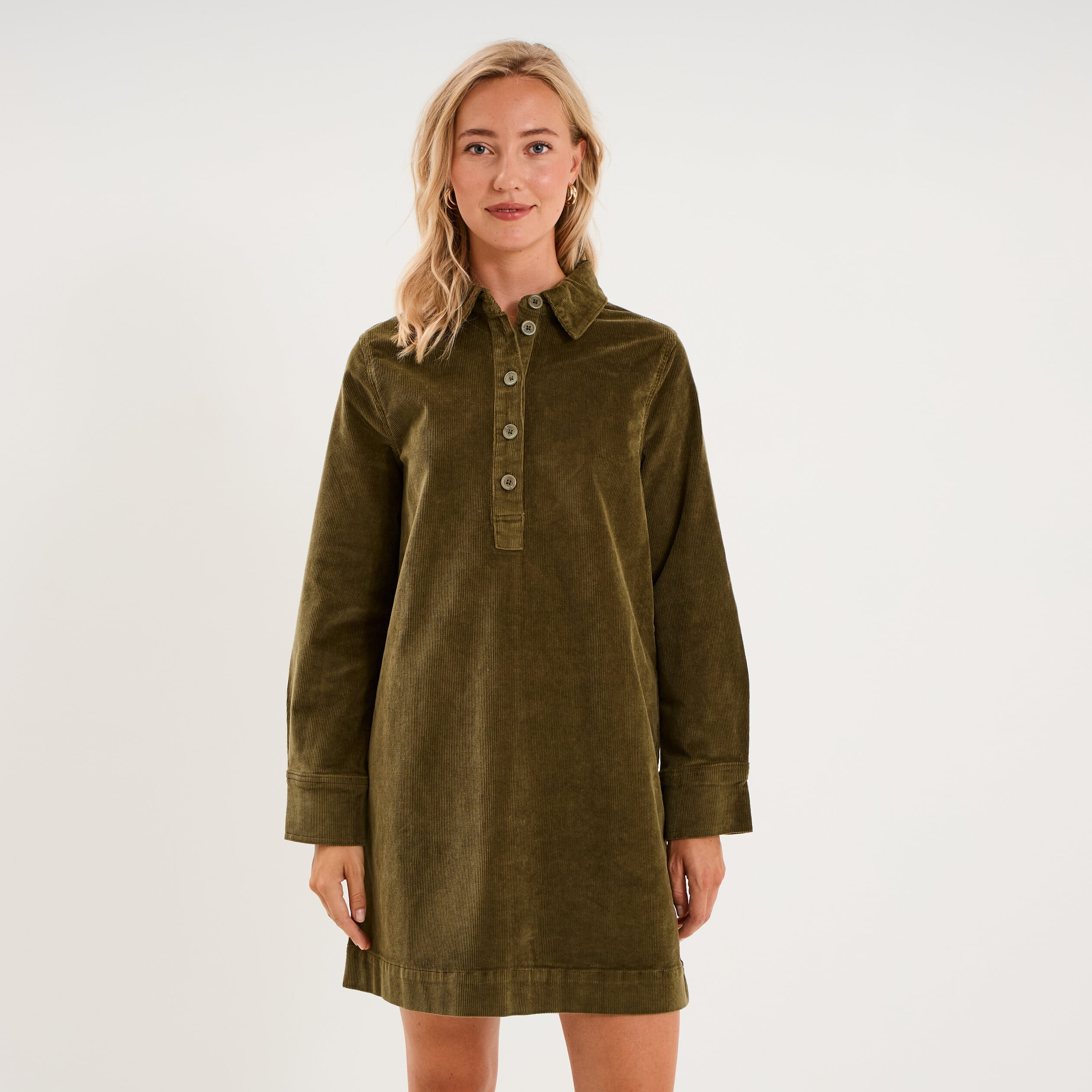 Robe droite velours col chemise vert kaki femme