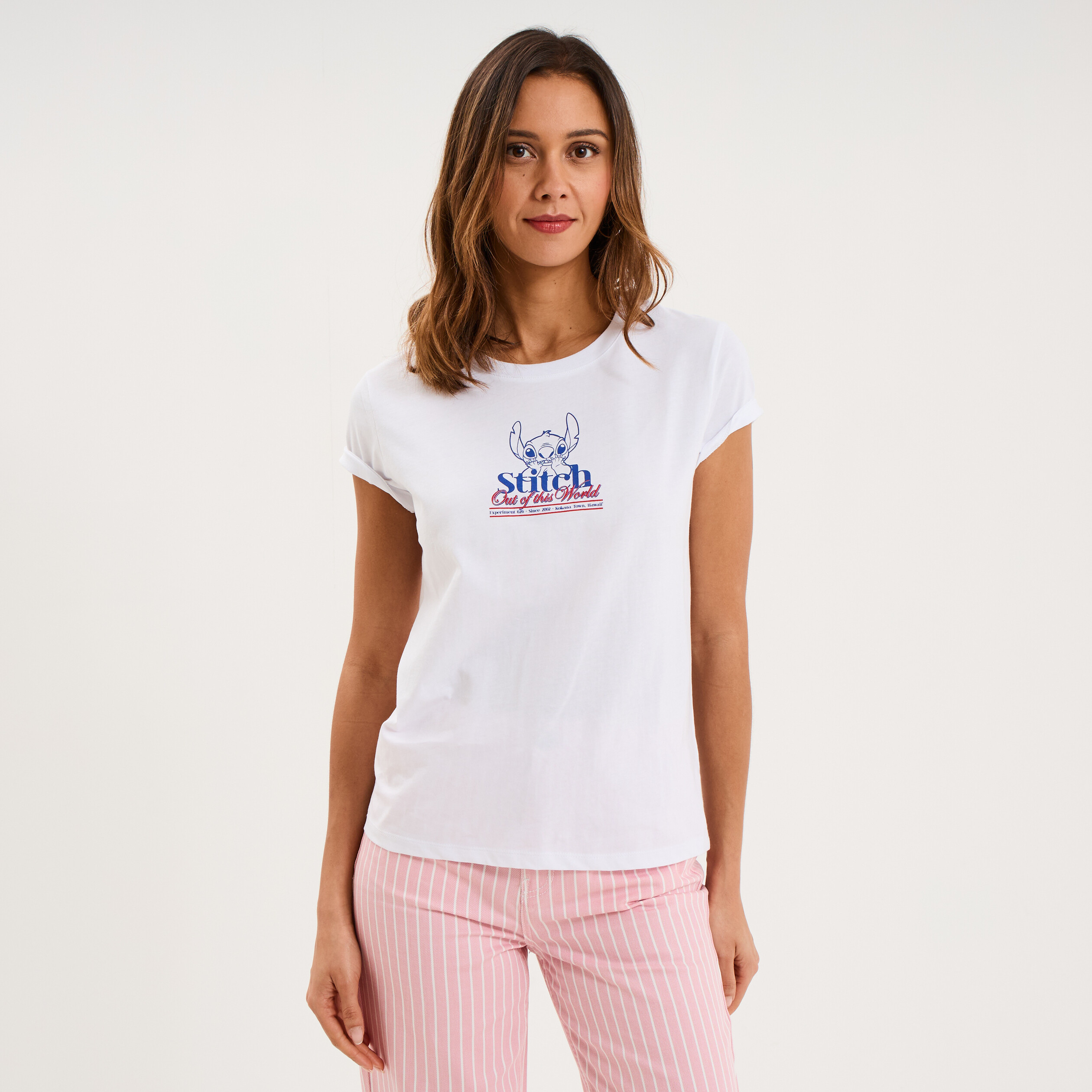 T-shirt manches courtes coton Stitch blanc femme