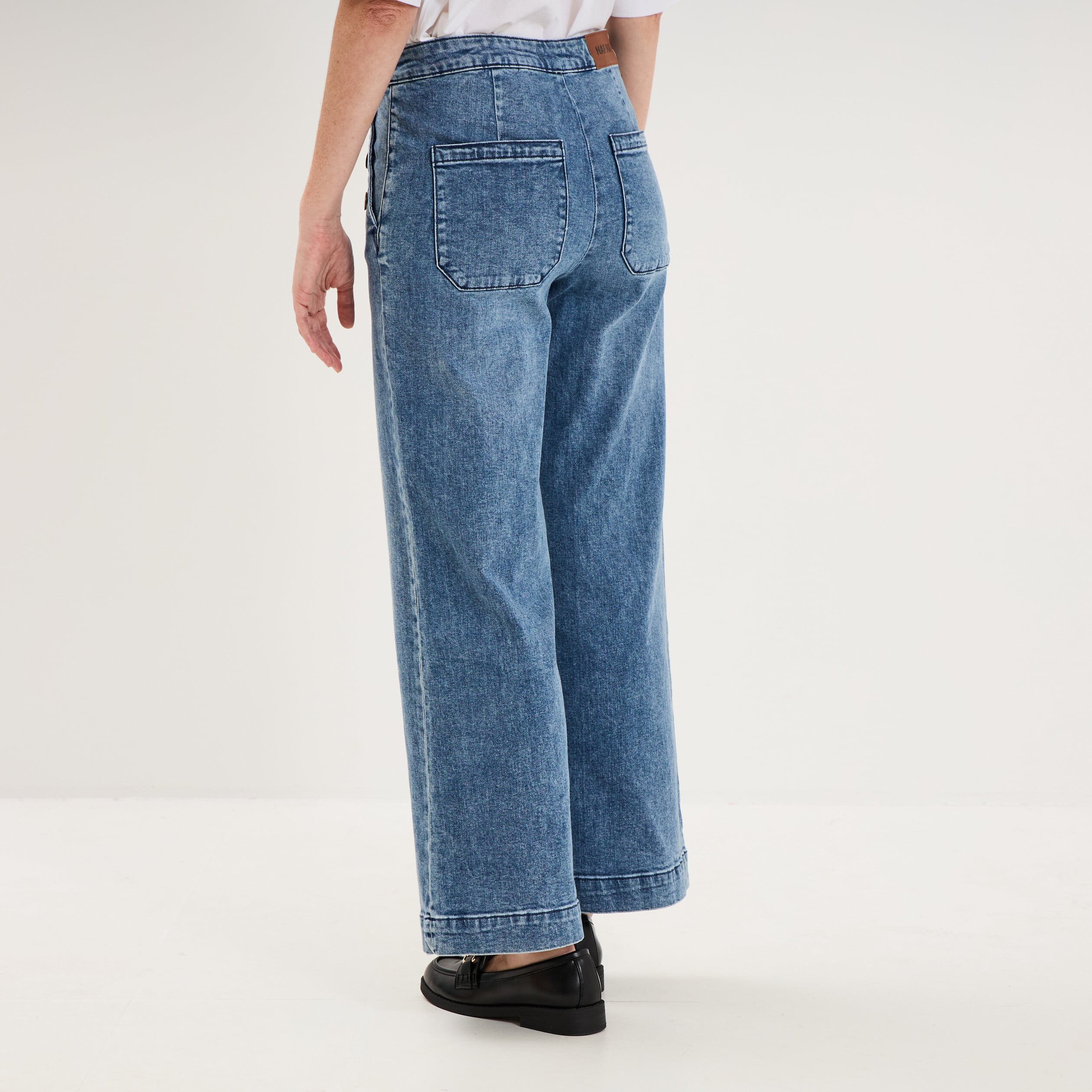 Jean large cropped &agrave; pont taille haute denim triple stone femme