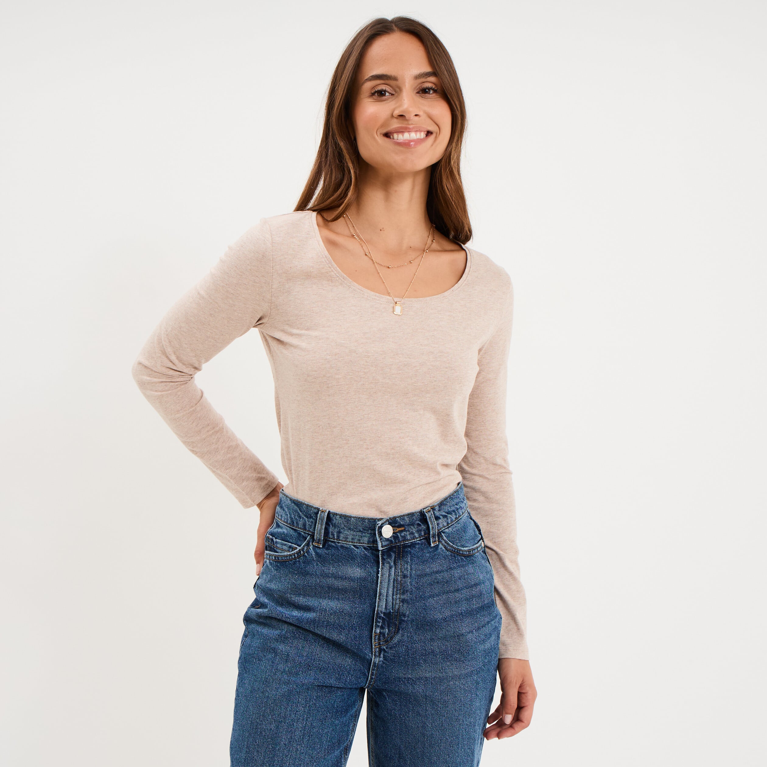 T-shirt &agrave; manches longues beige femme