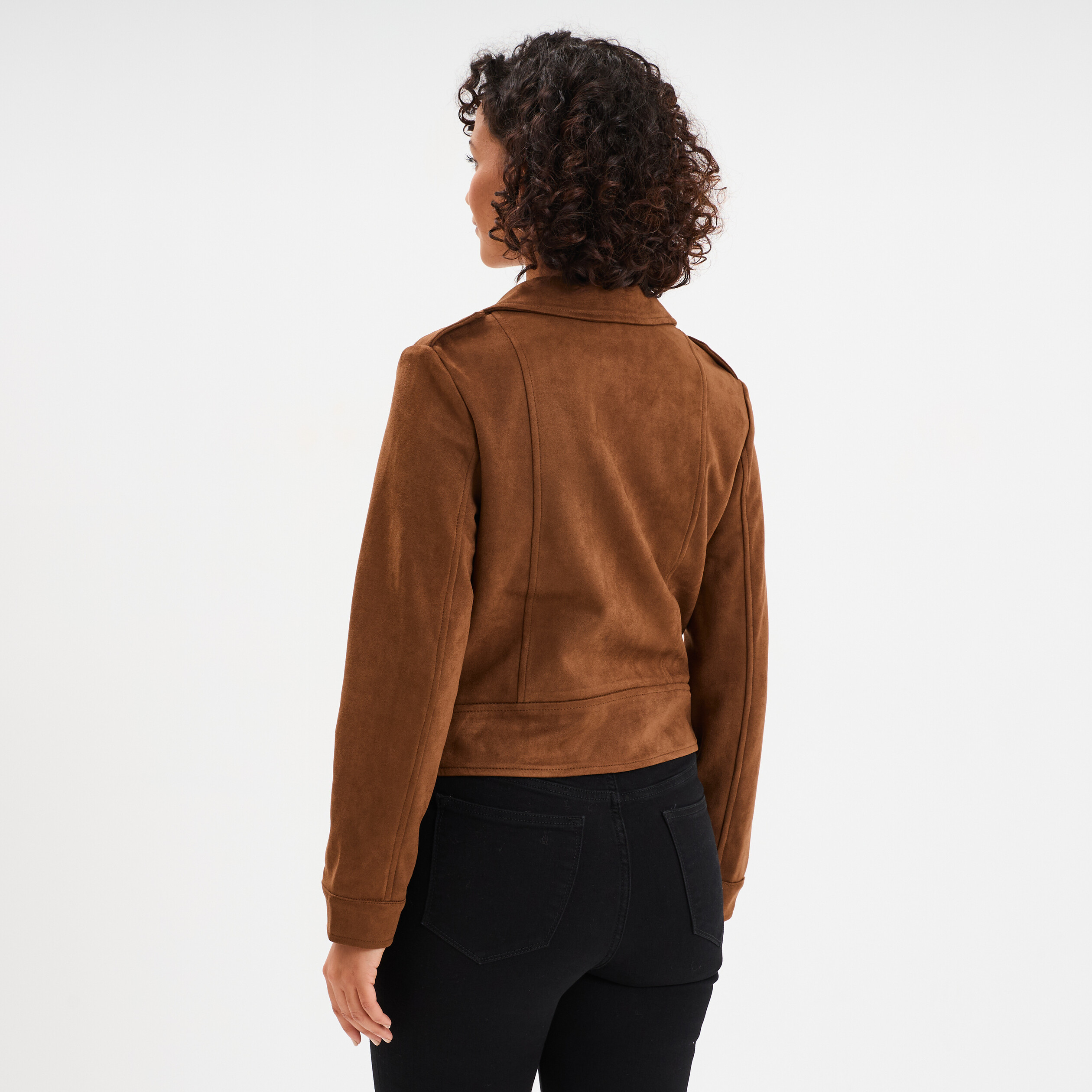 Veste courte esprit biker effet suédine camel femme