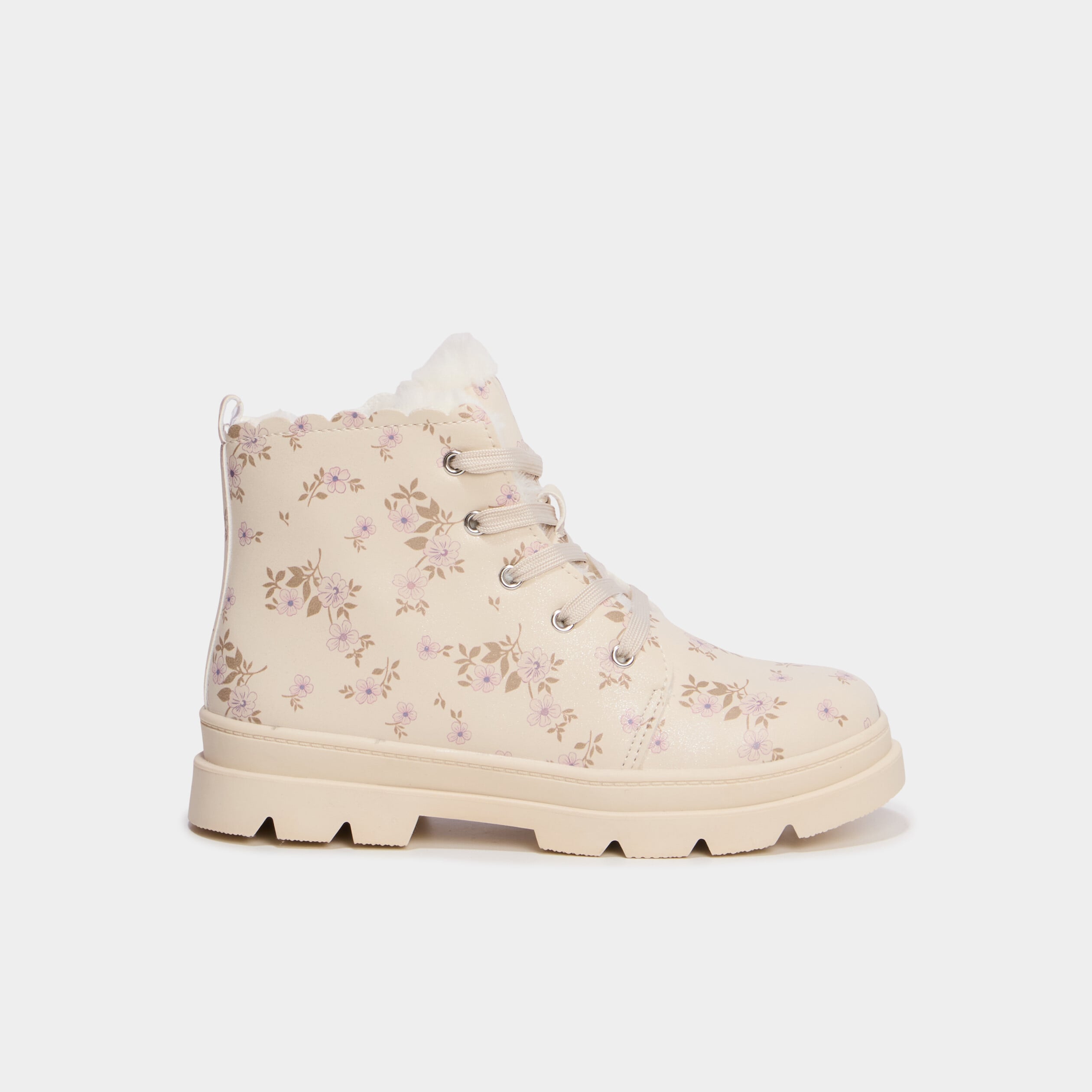Boots fourr&eacute;es et crant&eacute;es &agrave; lacets creme fille