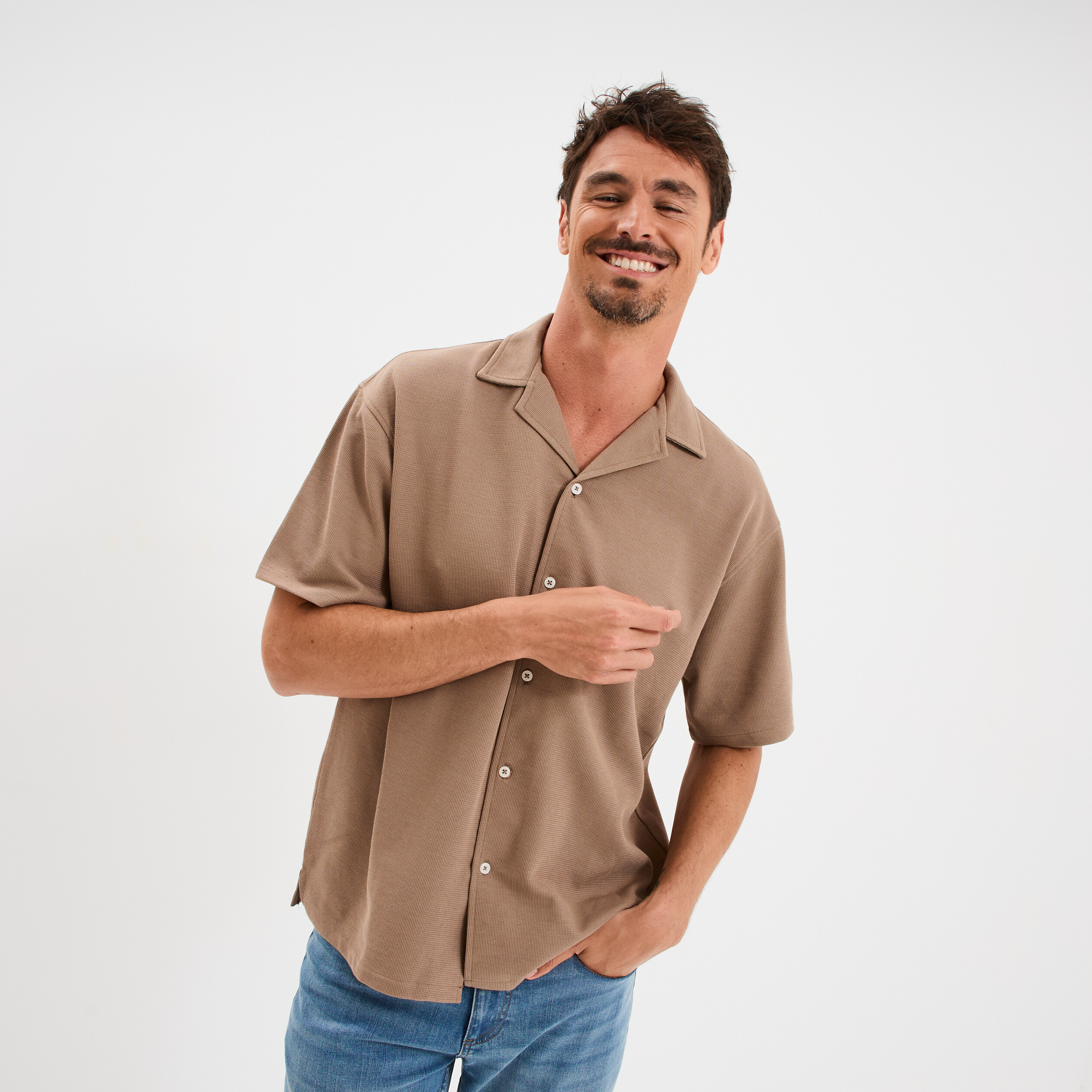 chemise col cubain manches courtes taupe homme Chemise col cubain manches courtes taupe homme