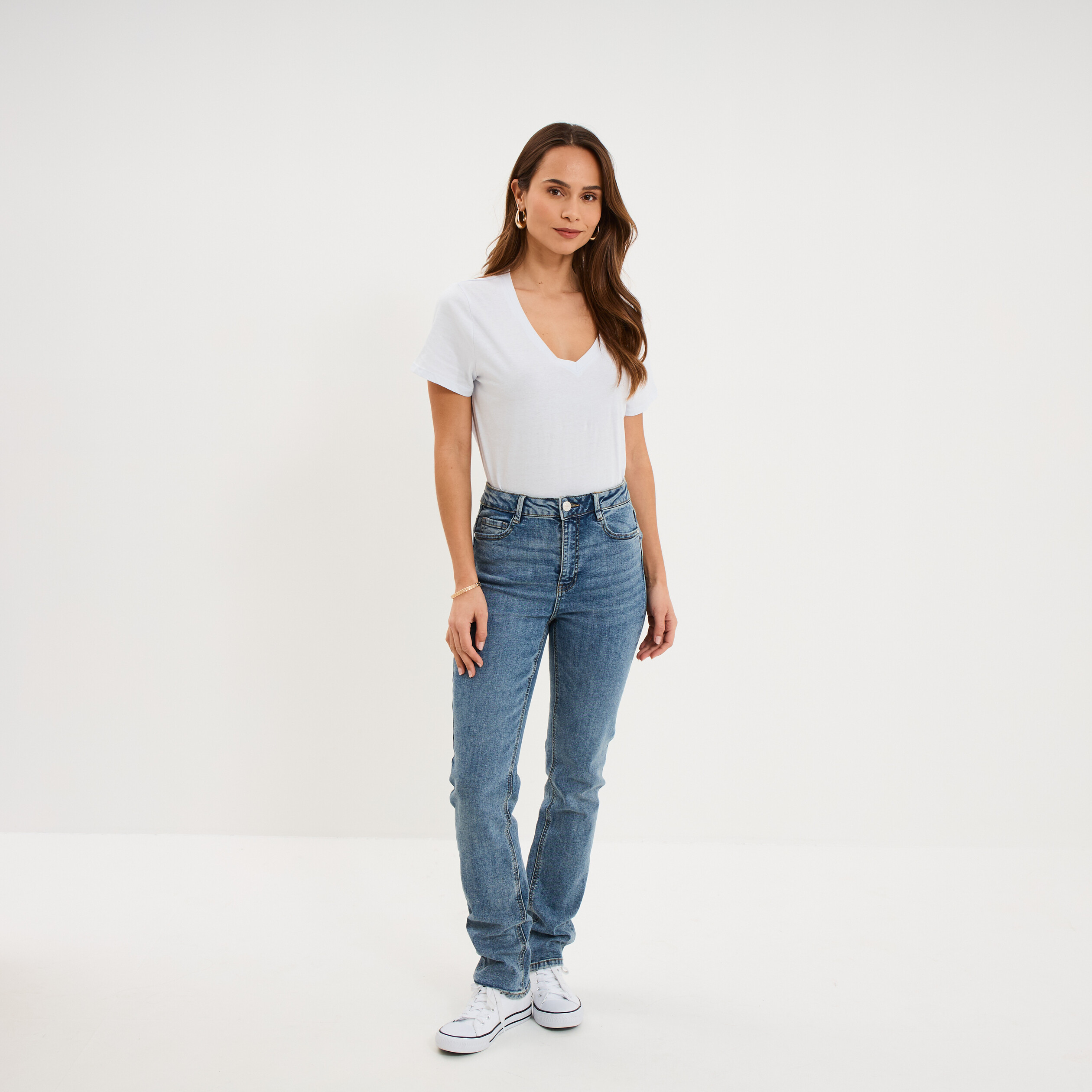 T-shirt manches courtes col en V coton bleu clair femme