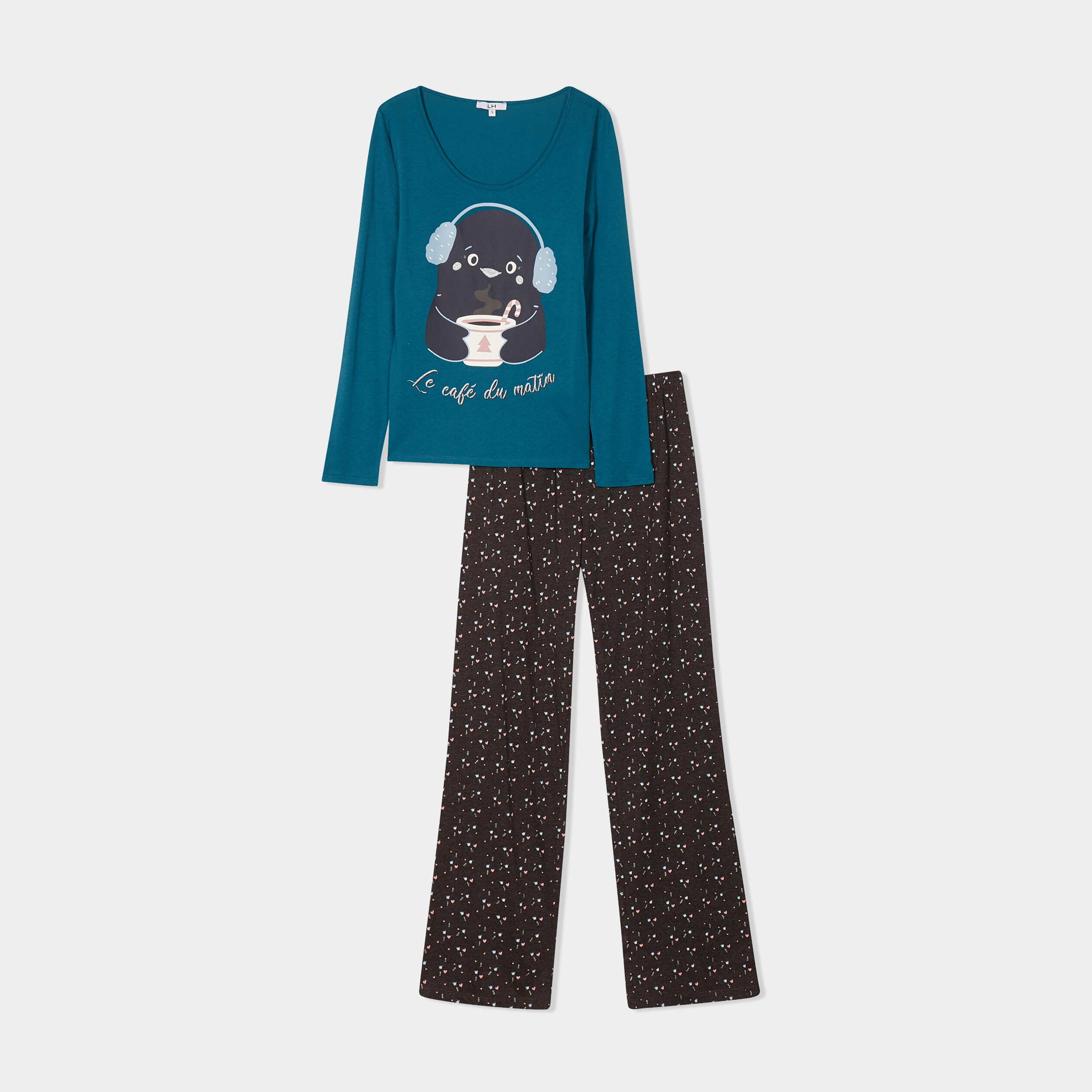 Ensemble pyjama pantalon pièces coton bleu canard femme
