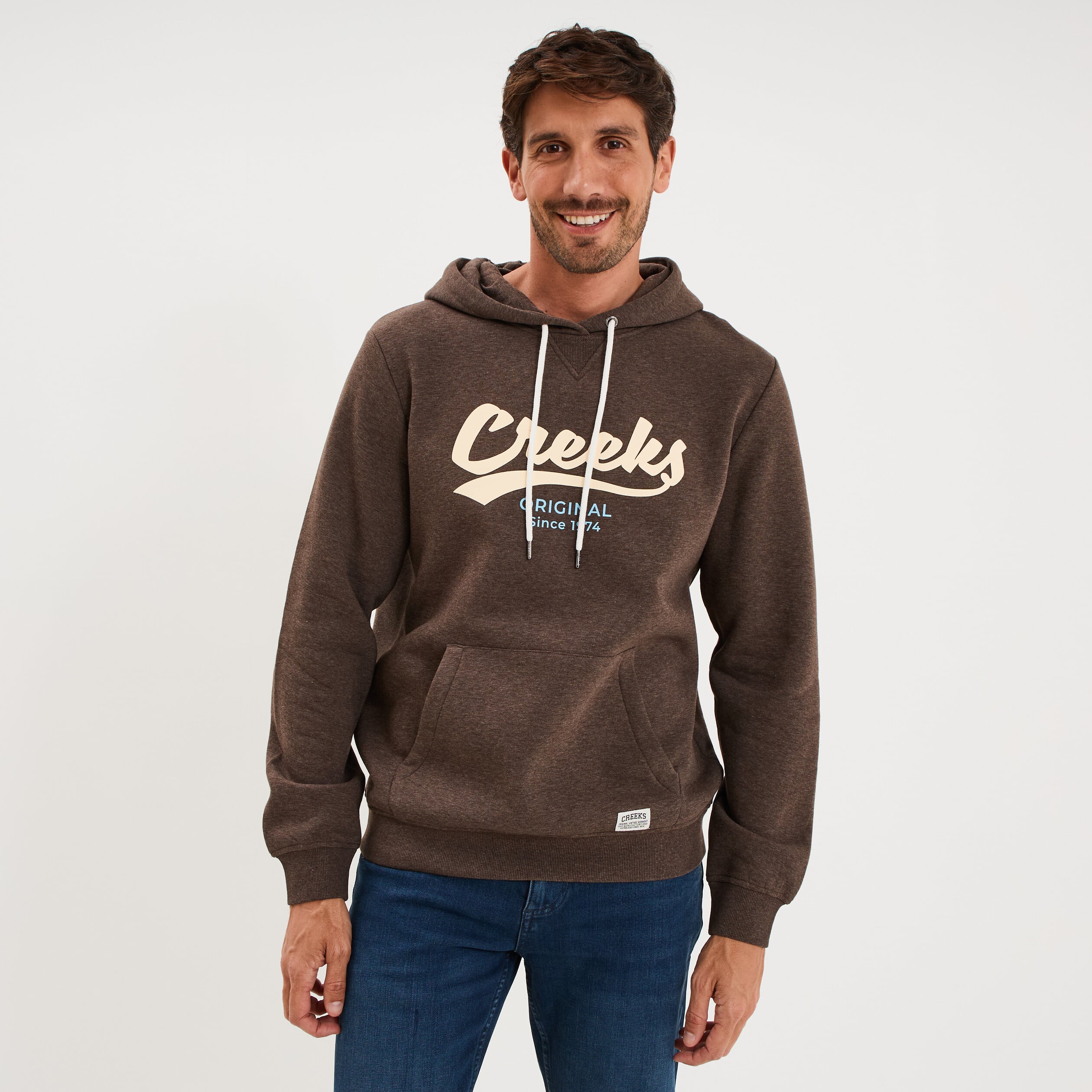 Sweat hoodie 1 poche et capuche marron chocolat homme