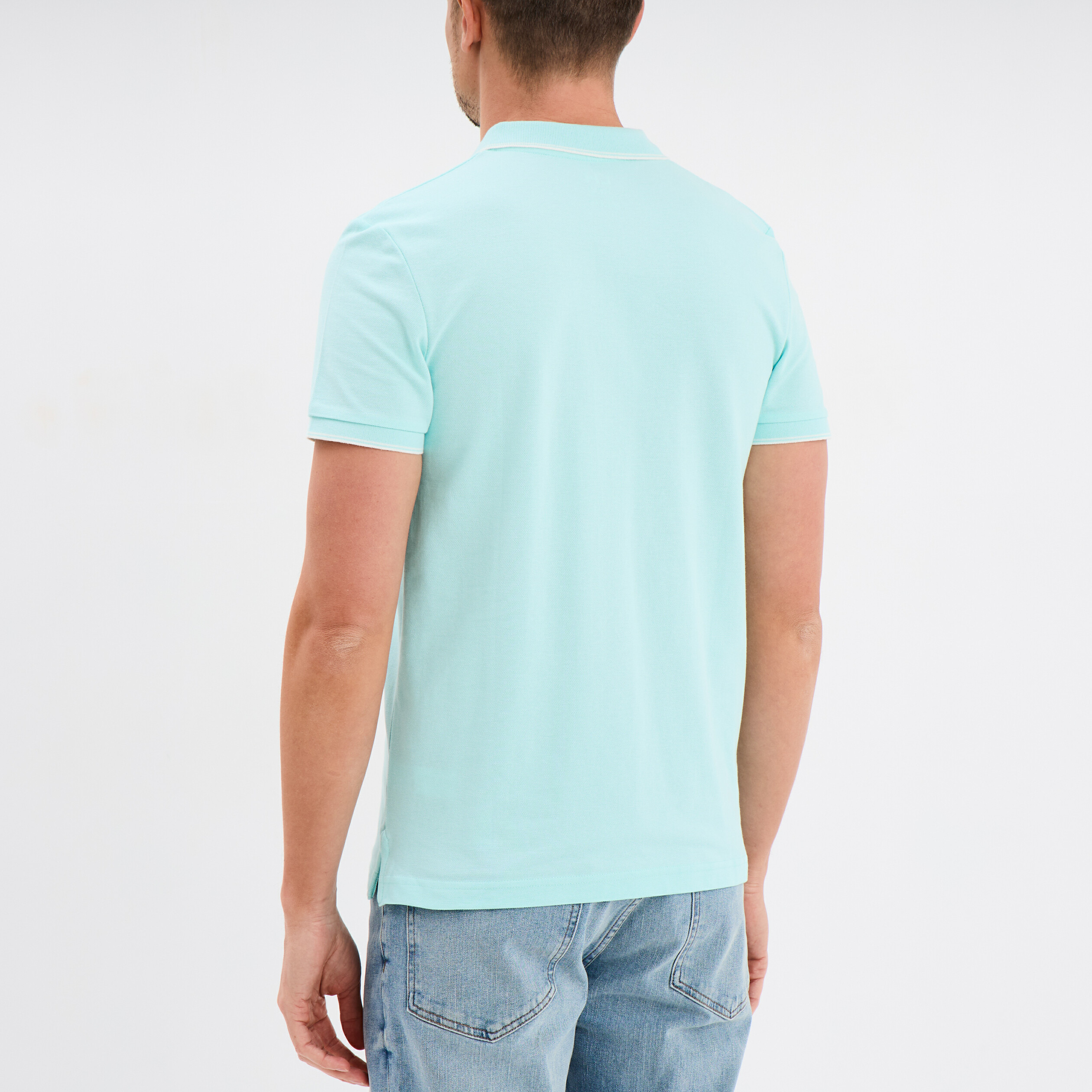 Polo piqu&eacute; coton manches courtes bleu turquoise homme