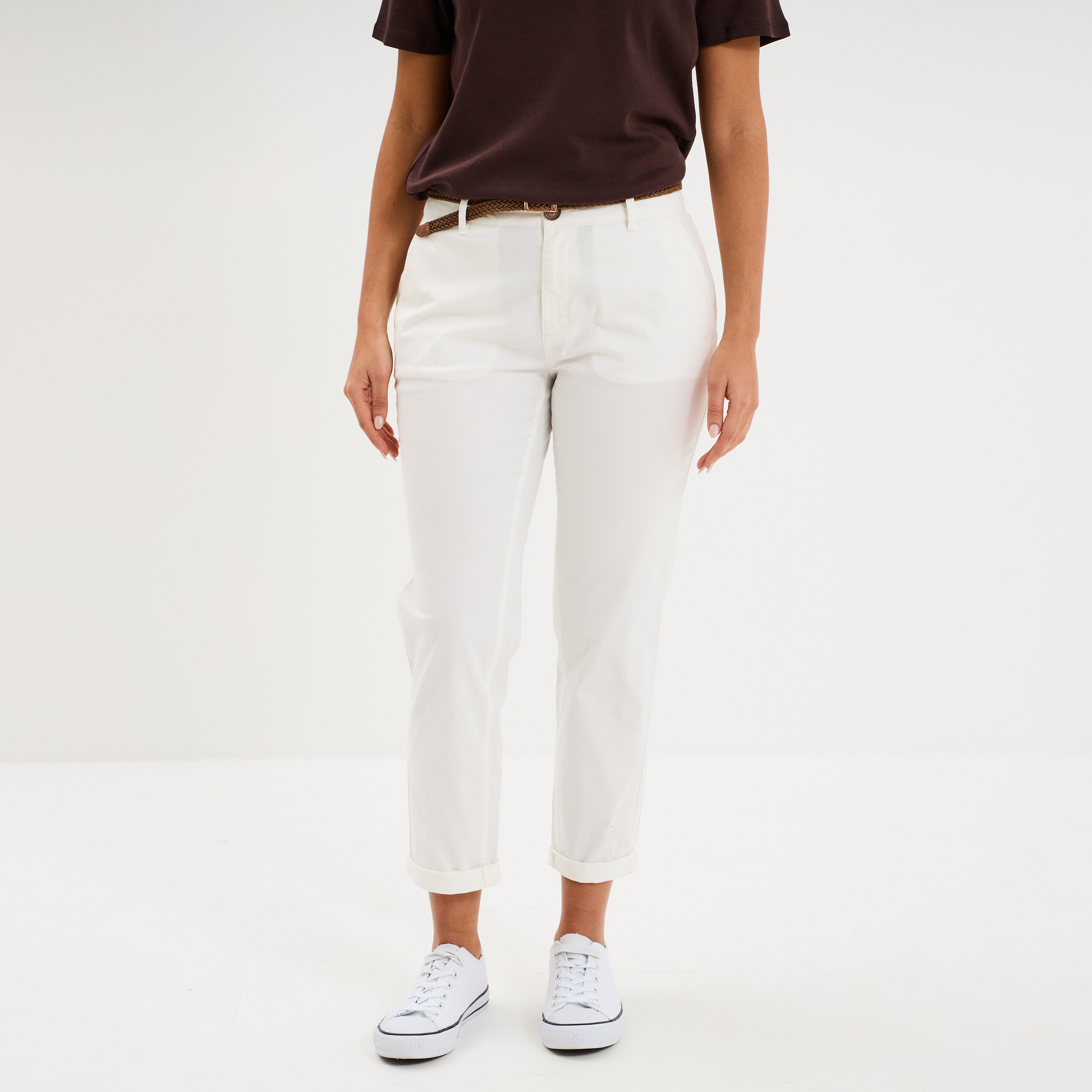 Pantalon chino 7/8&egrave;me ceinture tress&eacute;e ecru femme