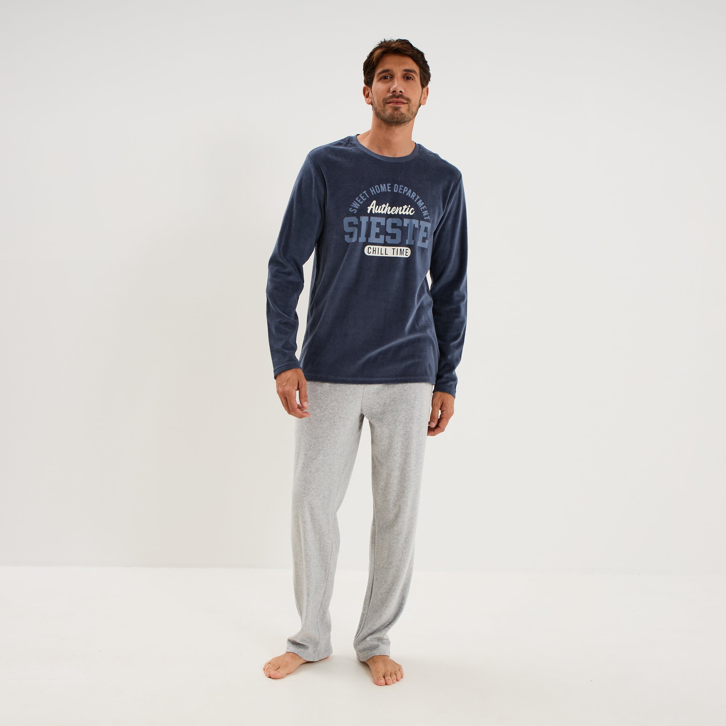 Ensemble pyjama velours t-shirt pantalon bleu homme