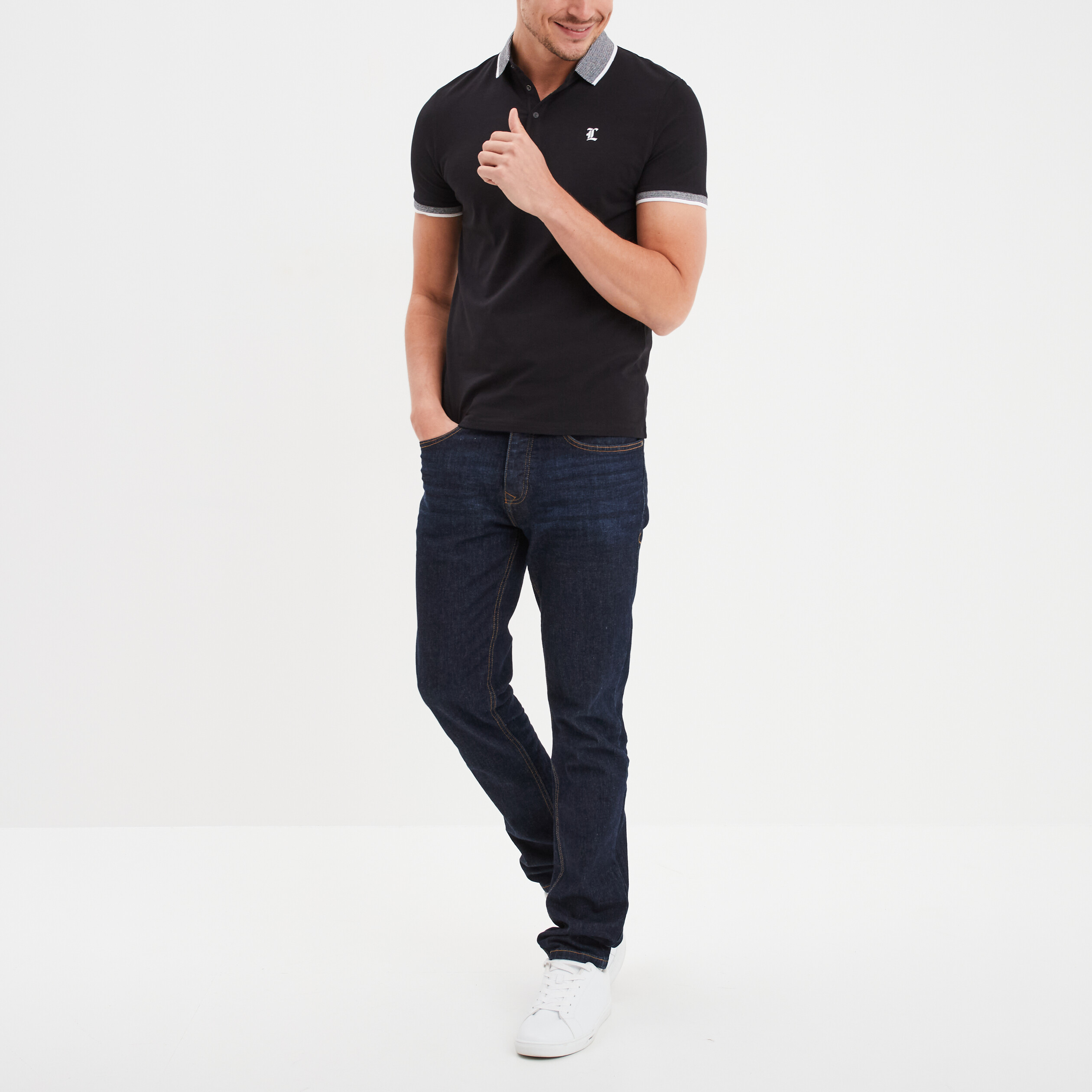 Polo coton stretch droit manches courtes noir homme
