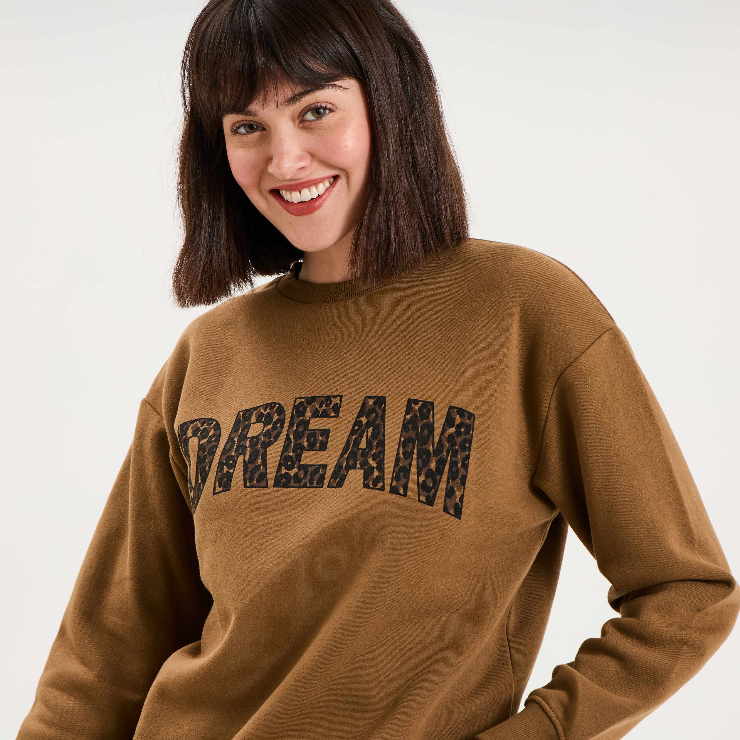 Sweat col rond manches longues beige femme