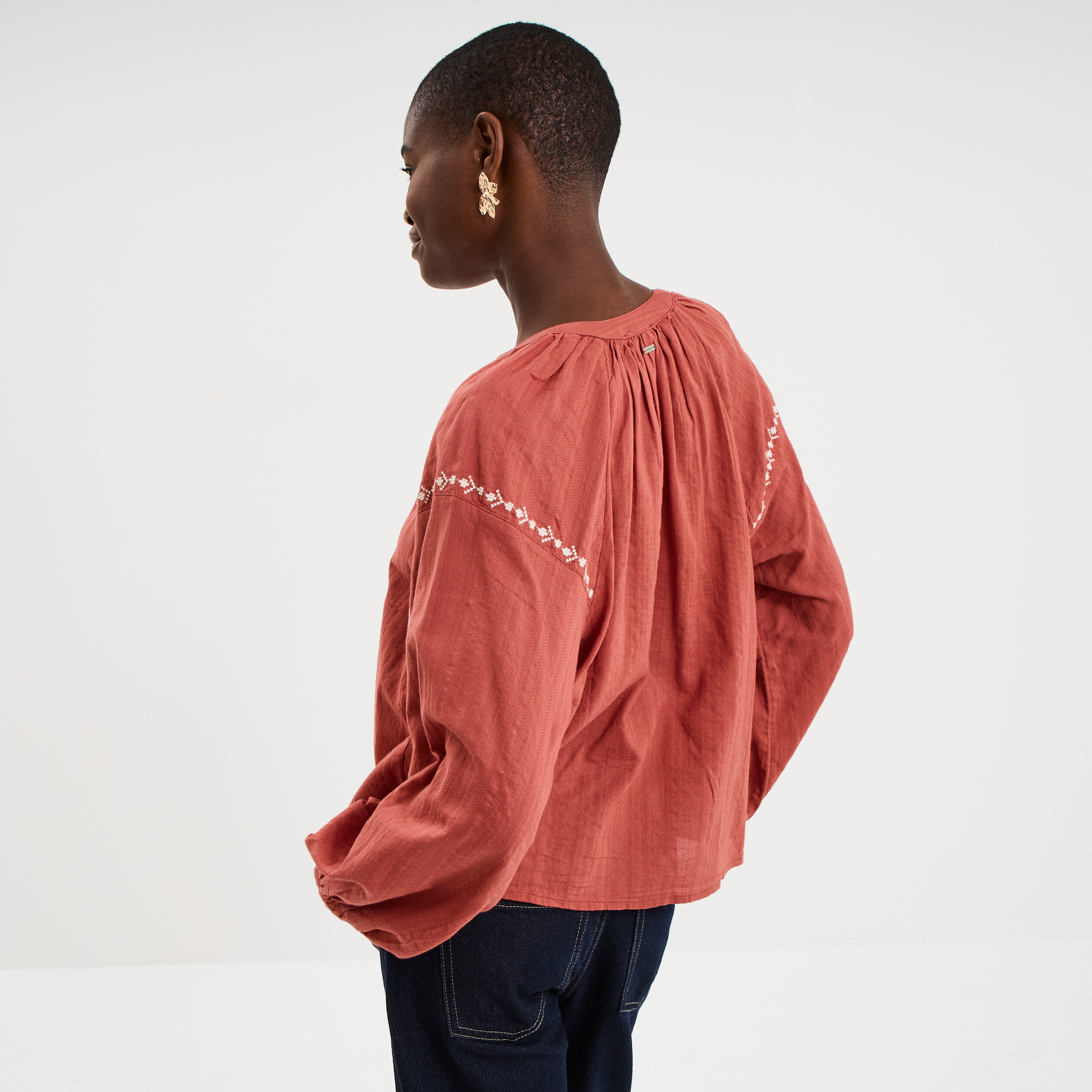 Blouse brod&eacute;e manches longues coton vieux rose femme