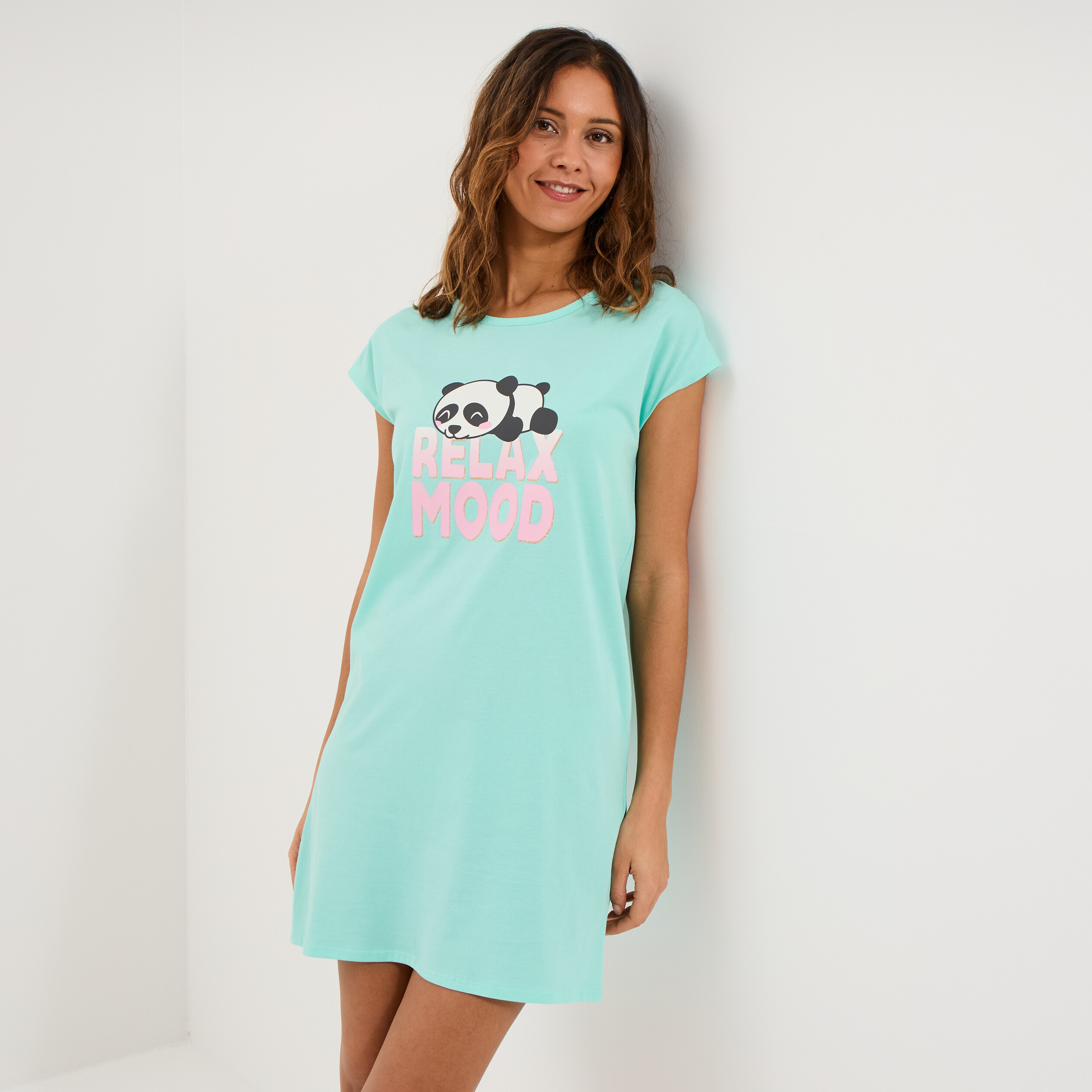 Chemise de nuit courte coton bleu turquoise femme