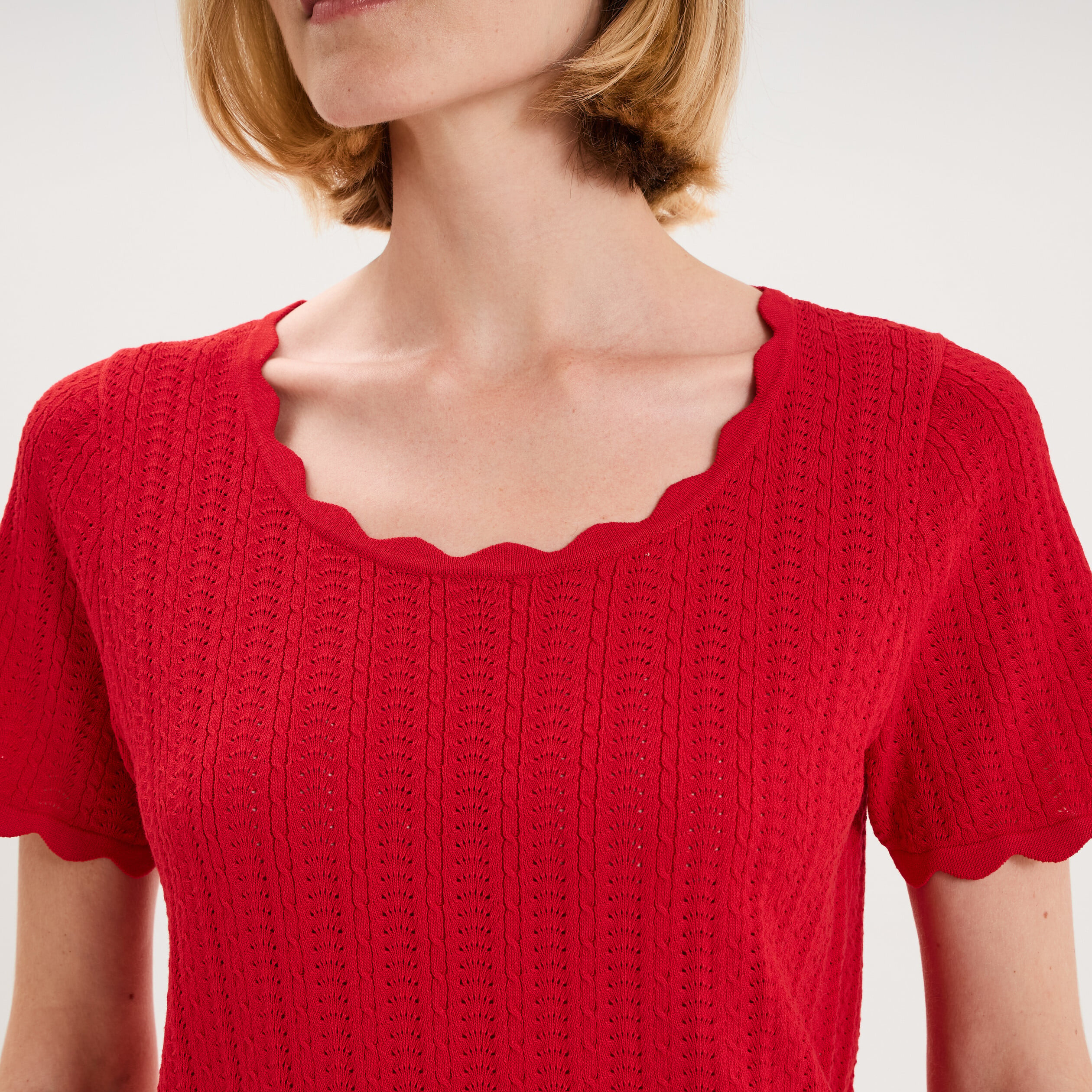 Pull ajour&eacute; col rond manches courtes rouge femme