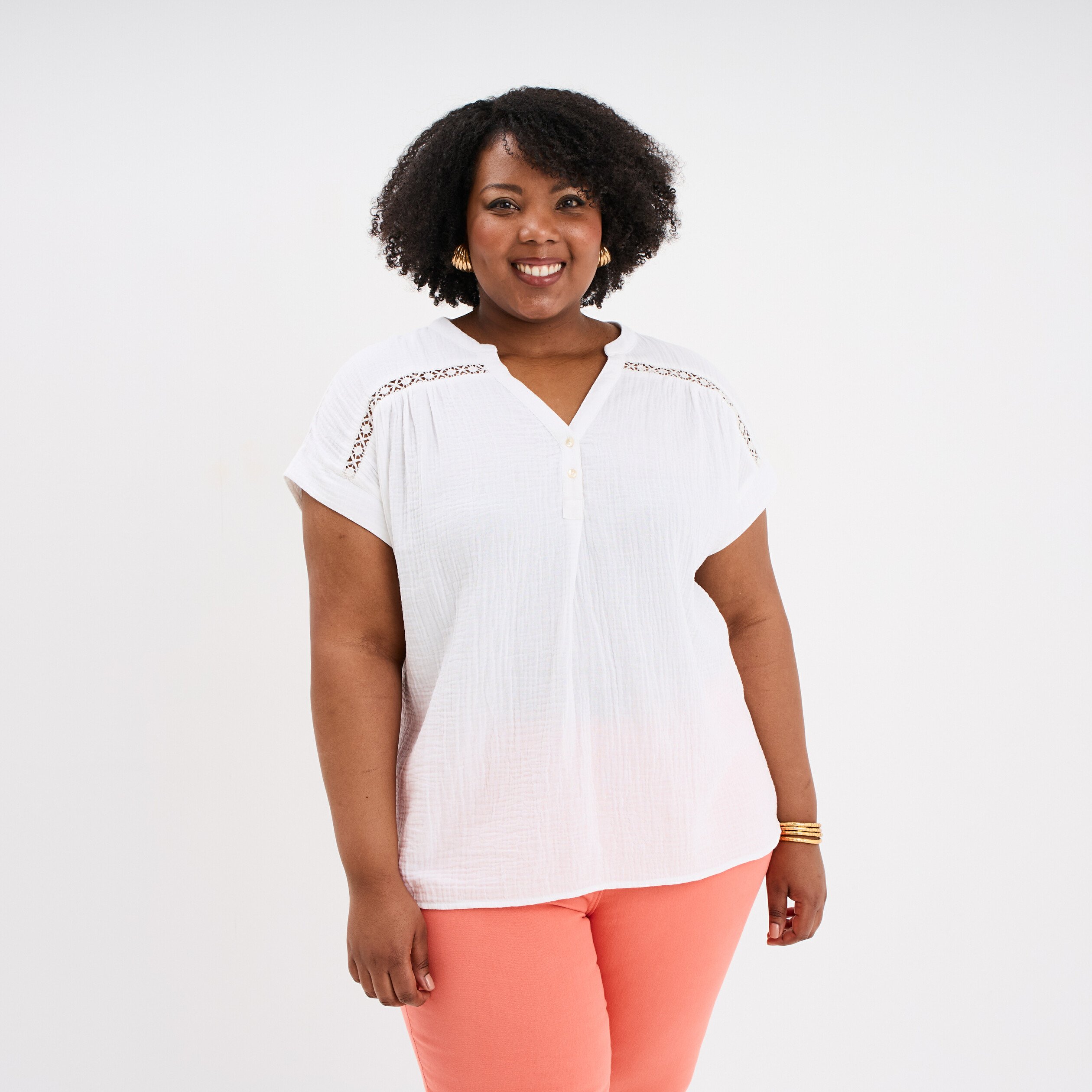 blouse droite gaze de coton col tunisien blanc femmegt Blouse droite gaze de coton col tunisien blanc femme grande taille