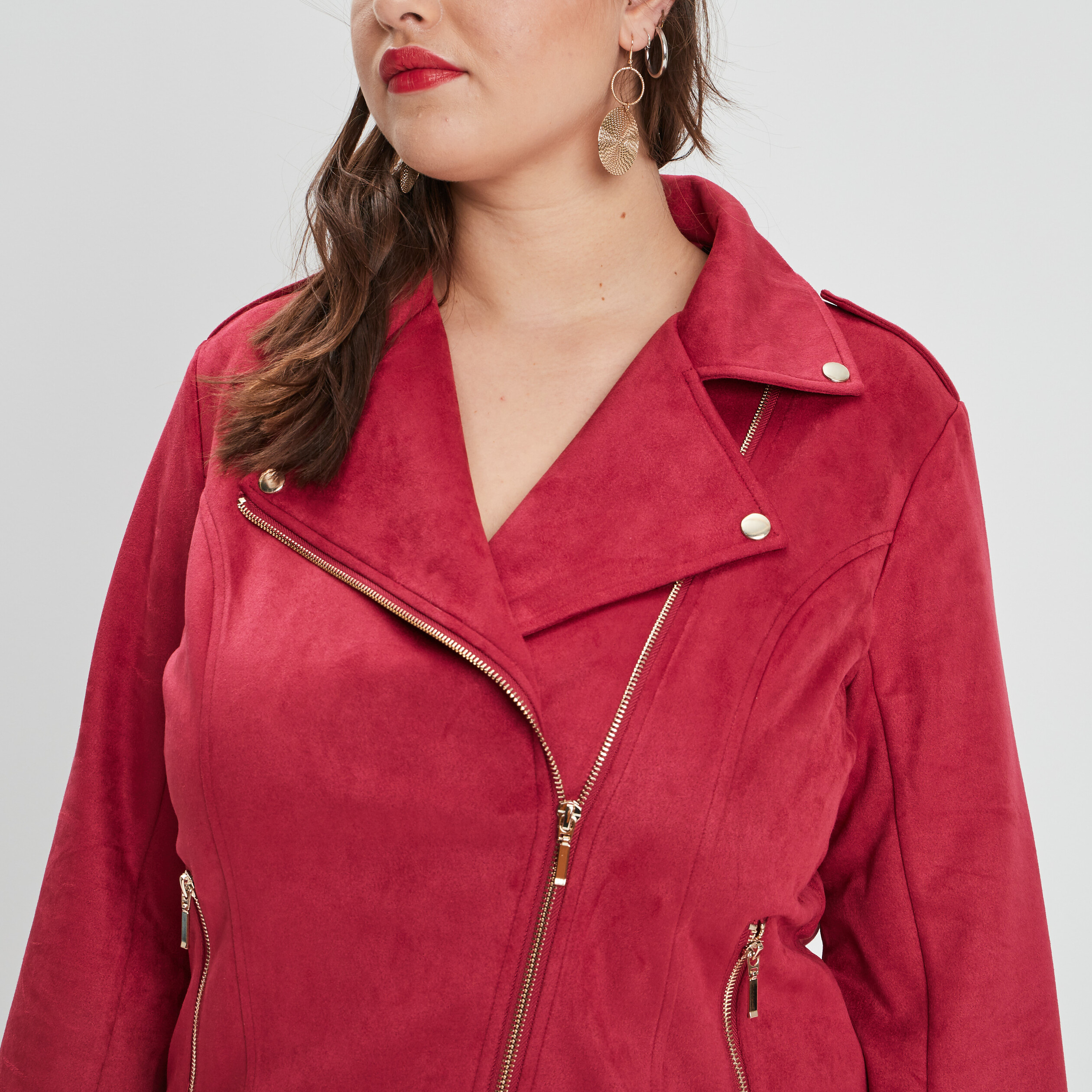 blouson zippe effet suedine style biker rose framboise femmegt Blouson zippé effet suédine style biker rose framboise femme grande taille