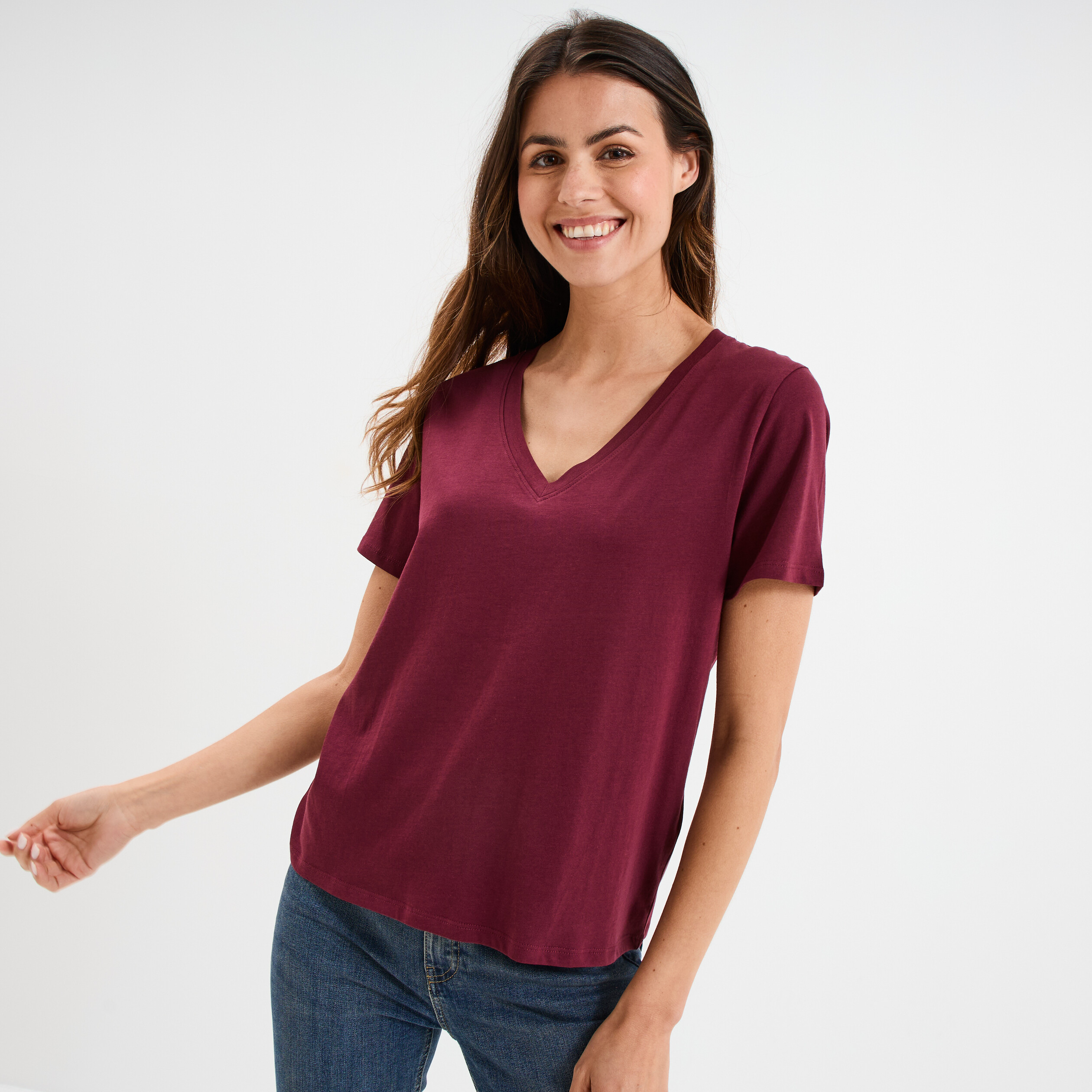 T-shirt Femme Col V Bordeaux Taille L - Manches Courtes, Coton, Occasion Très Bon état