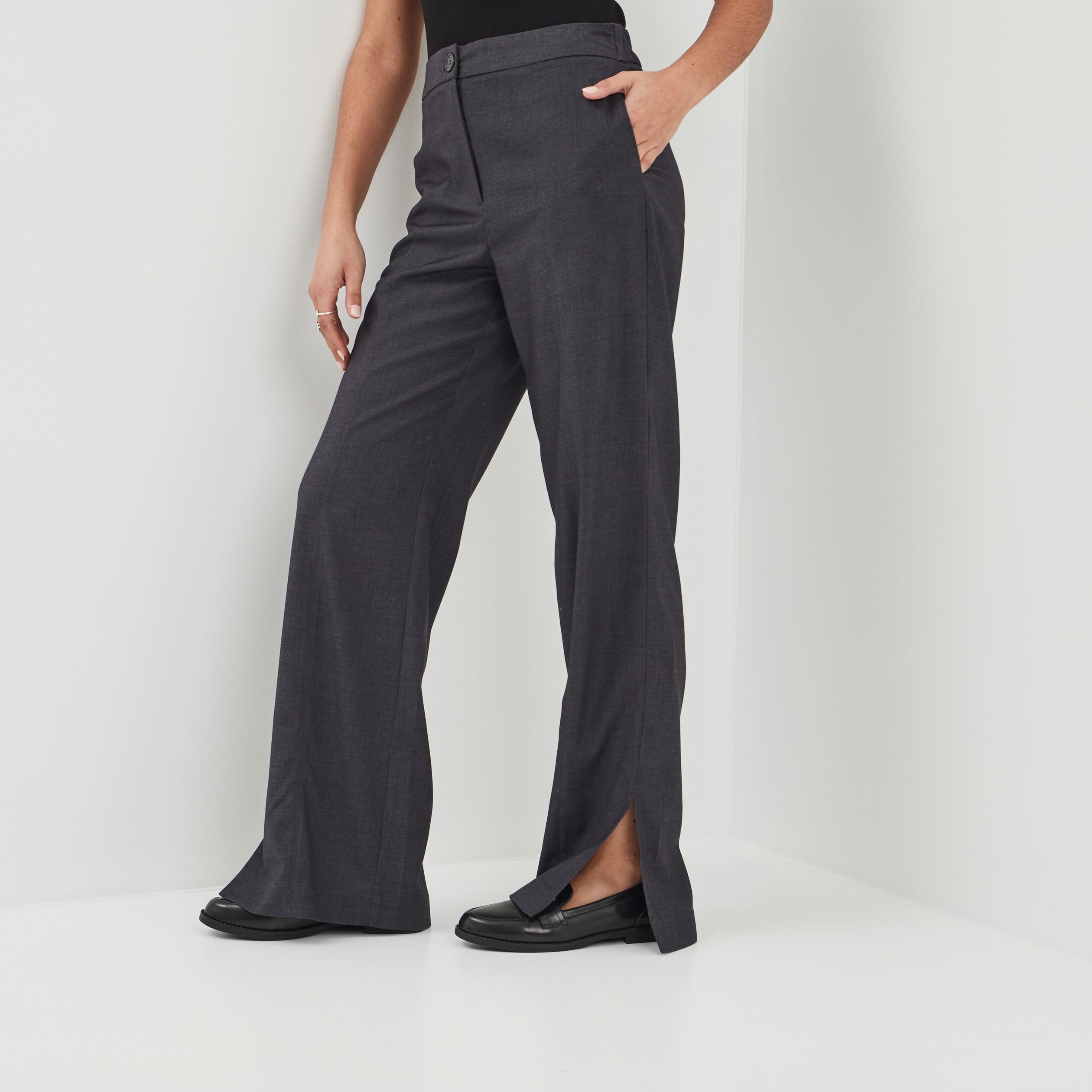 Pantalon wide leg taille haute gris foncé femme